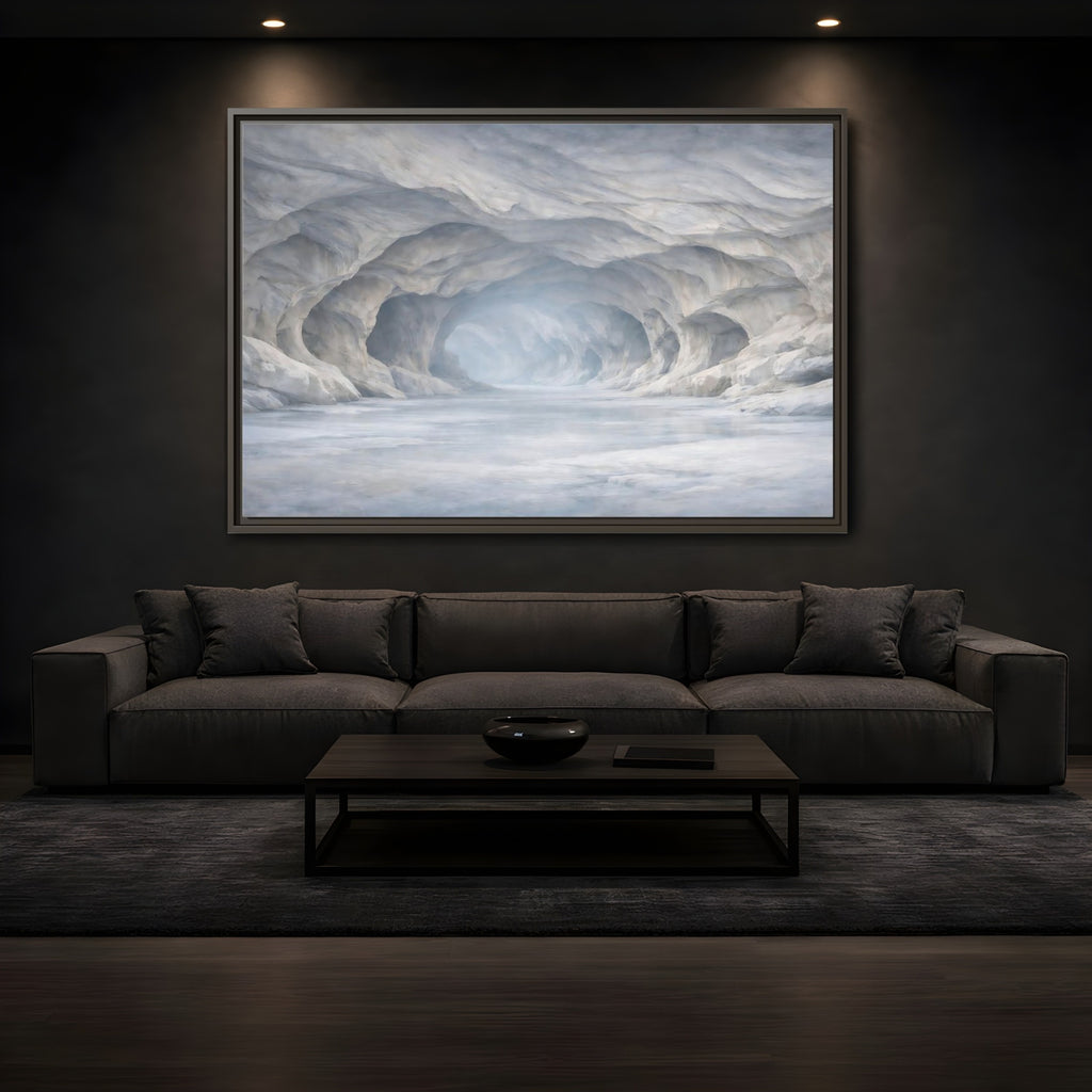 Mockup 3. Nature Ice Cave White And Gray Cave shown as stretched canvas wall art