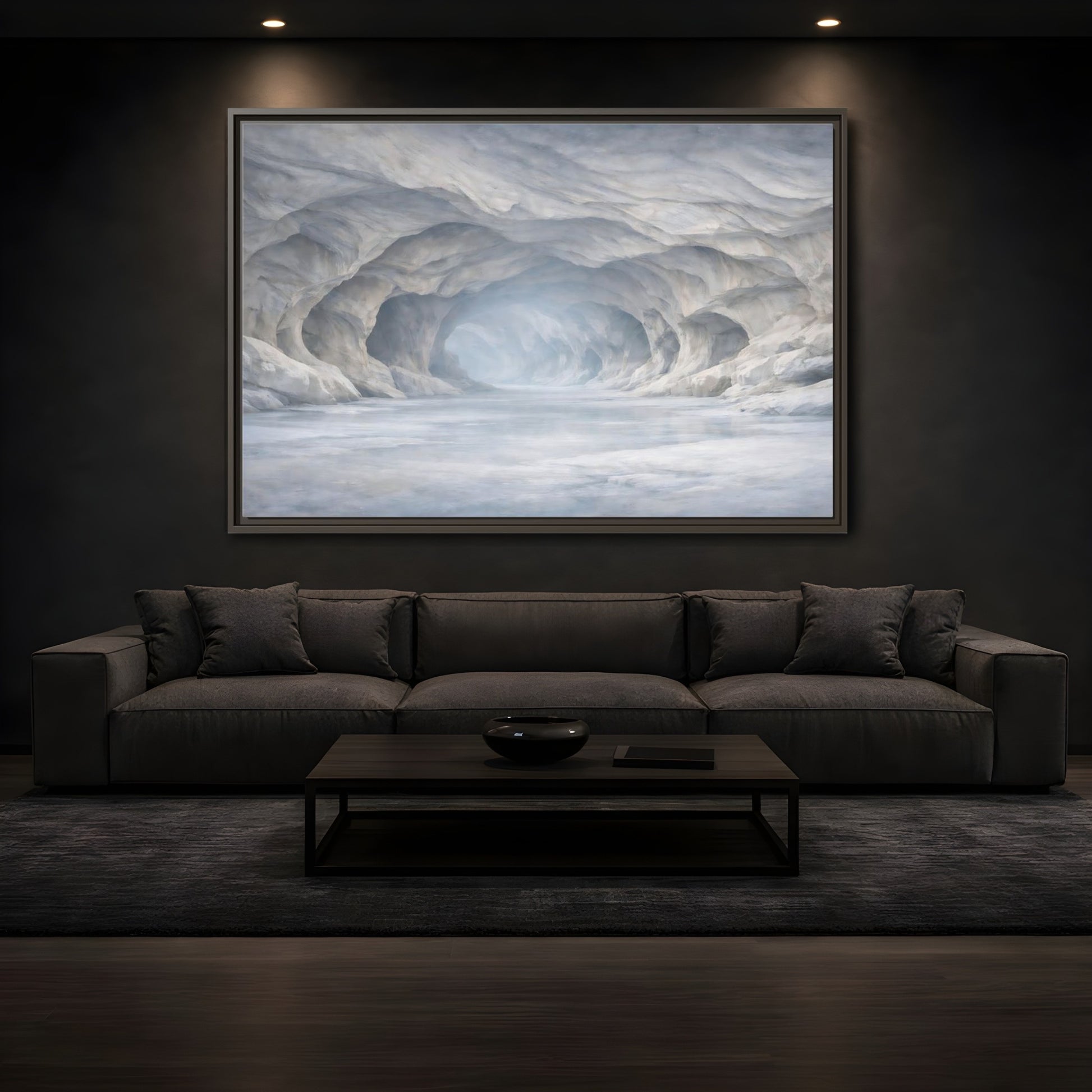 Mockup 3. Nature Ice Cave White And Gray Cave shown as stretched canvas wall art