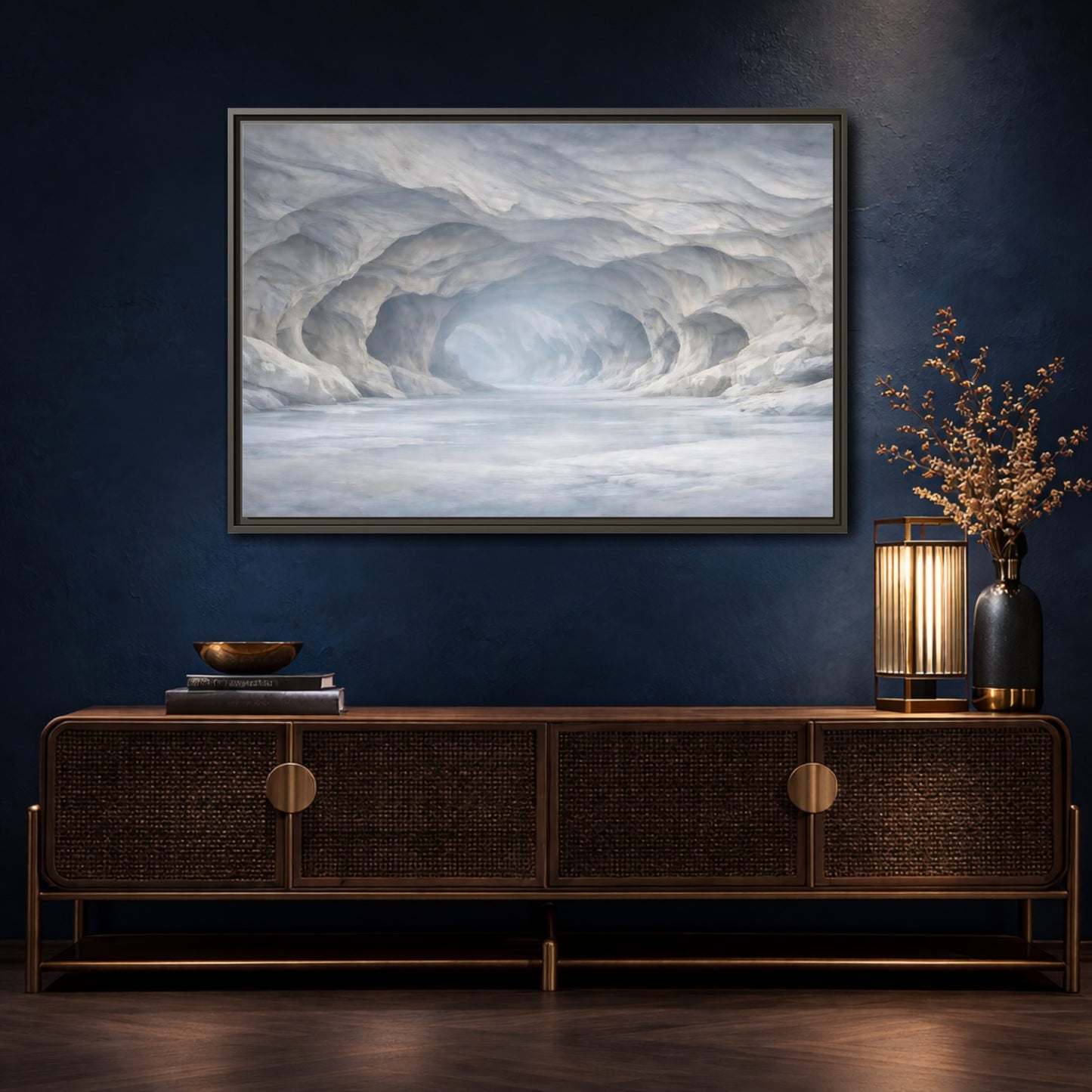 Mockup 4. Nature Ice Cave White And Gray Cave shown as stretched canvas wall art