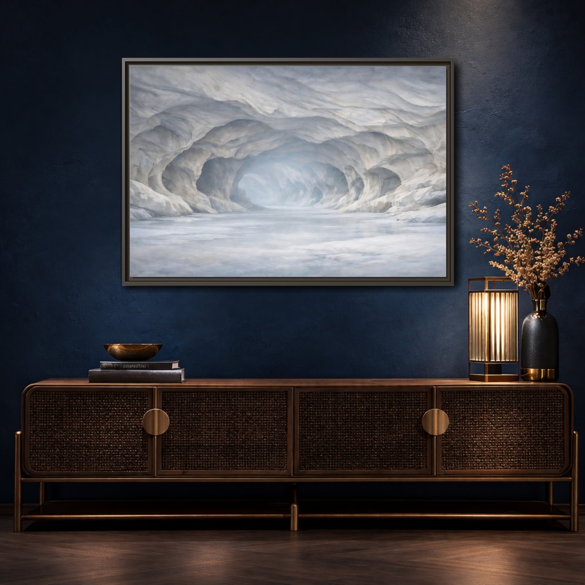 Mockup 4. Nature Ice Cave White And Gray Cave shown as stretched canvas wall art