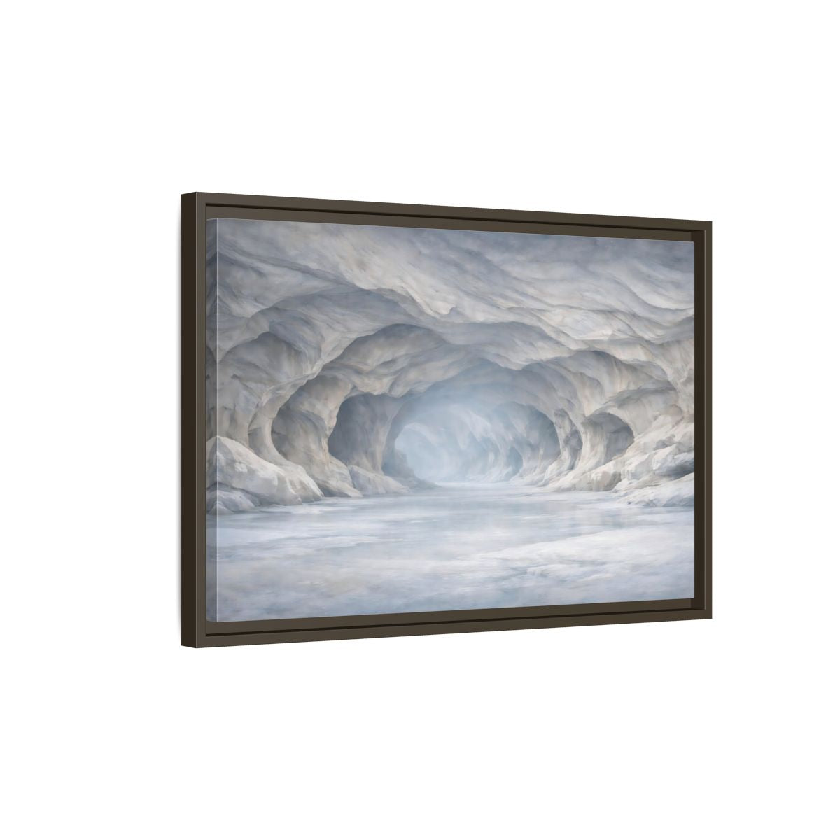 Side Mockup 2. Nature Ice Cave White And Gray Cave shown as stretched canvas wall art