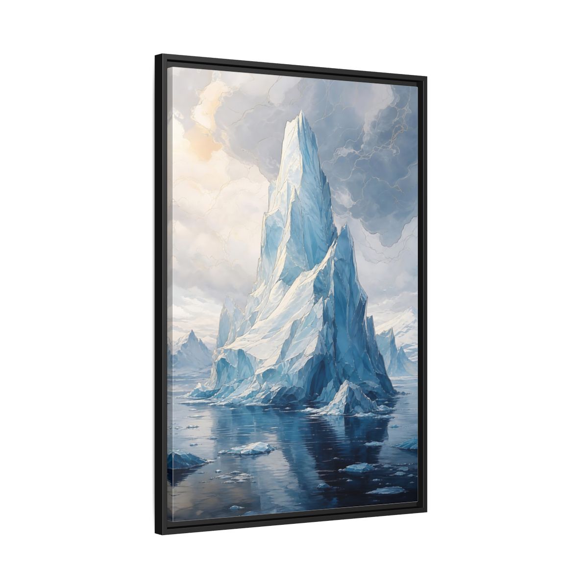 Side Mockup 13. Nature Iceberg Blue And Gold Iceberg shown as stretched canvas wall art