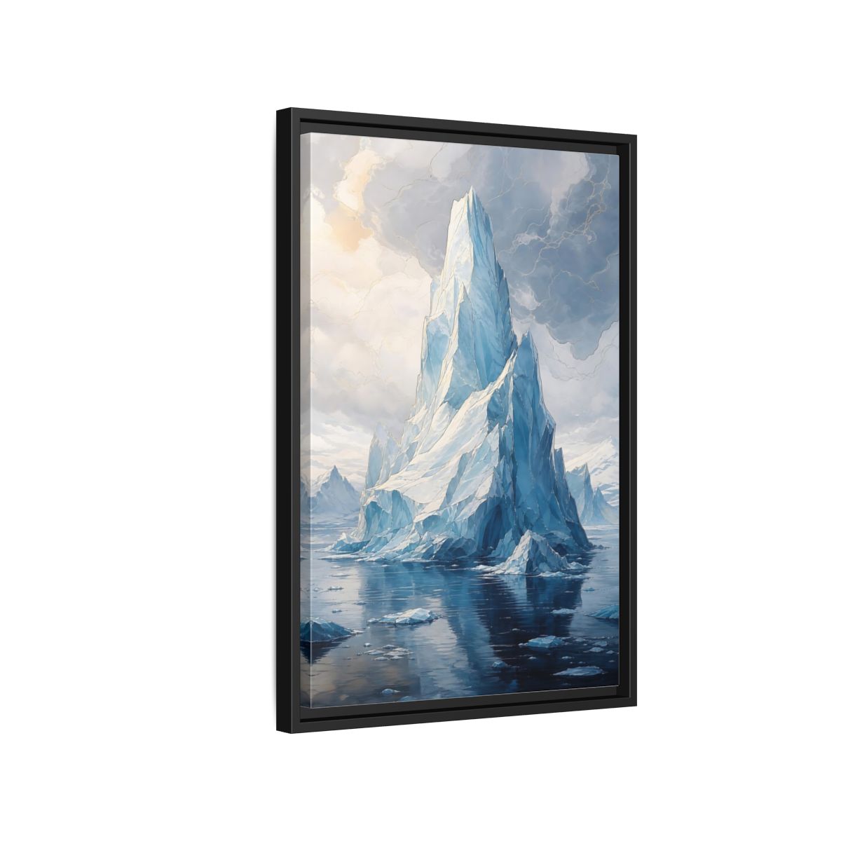 Side Mockup 3. Nature Iceberg Blue And Gold Iceberg shown as stretched canvas wall art