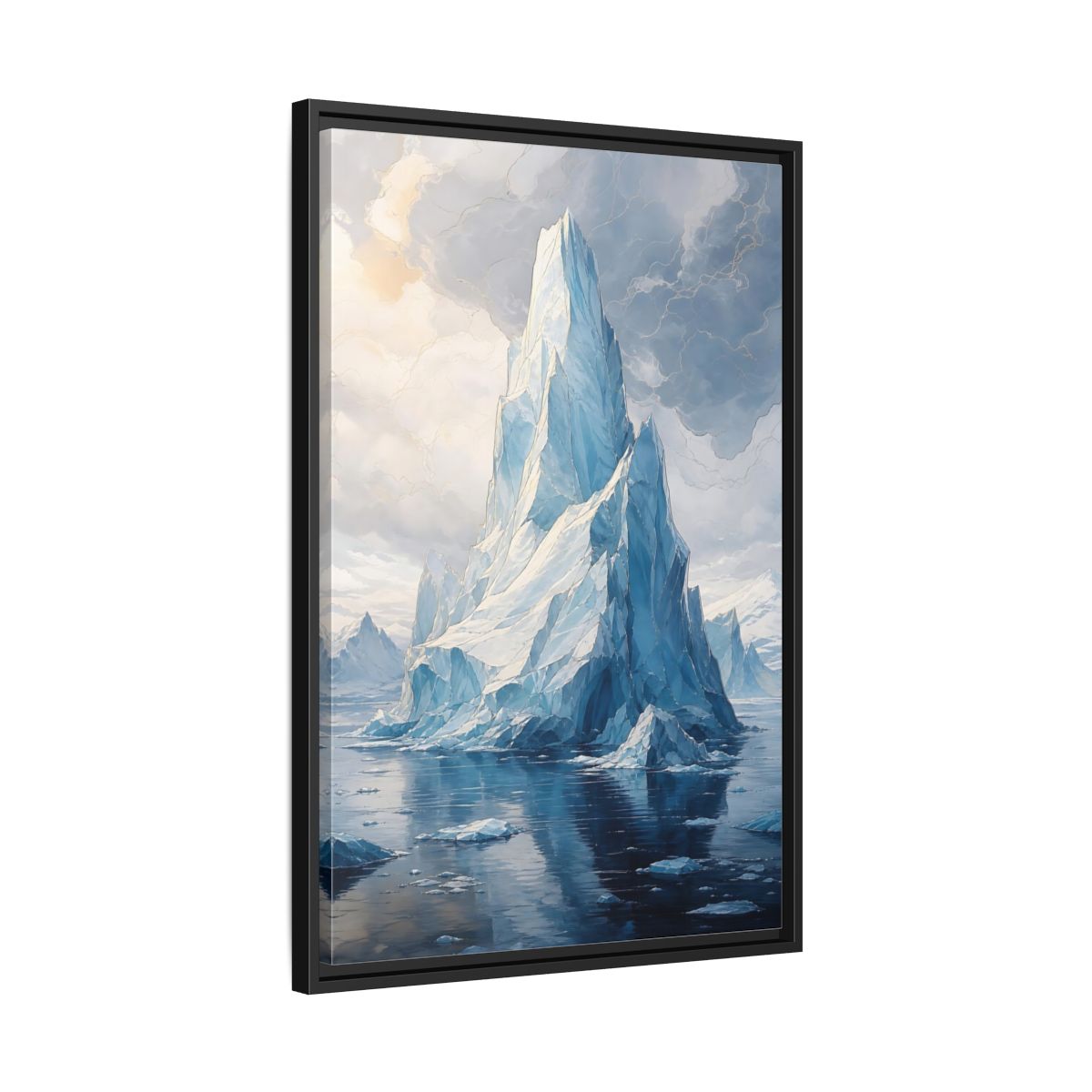 Side Mockup 14. Nature Iceberg Blue And Gold Iceberg shown as stretched canvas wall art