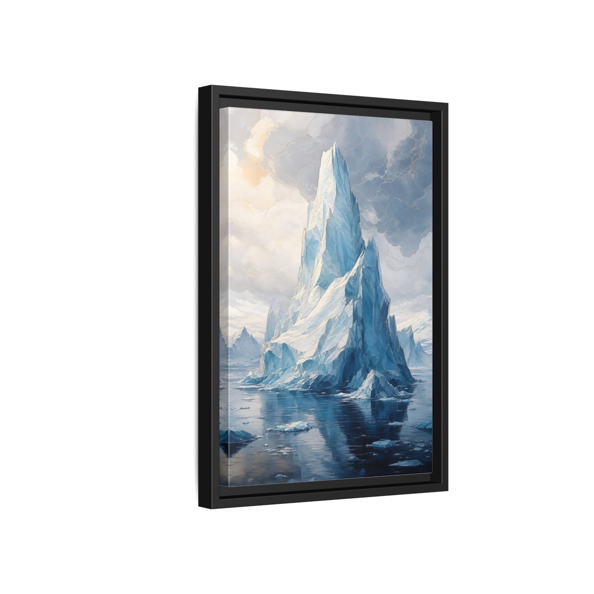 Side Mockup 6. Nature Iceberg Blue And Gold Iceberg shown as stretched canvas wall art