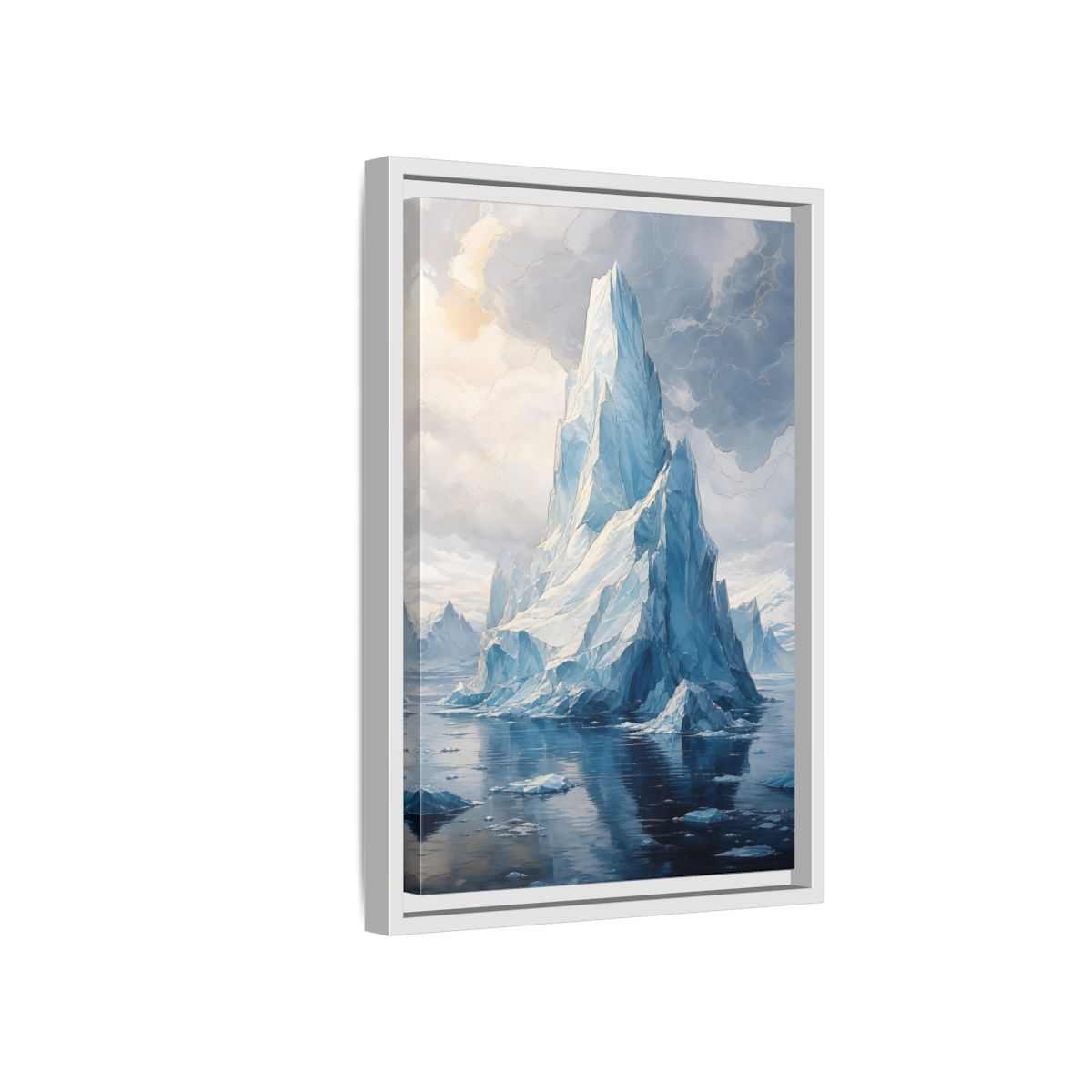 Side Mockup 4. Nature Iceberg Blue And Gold Iceberg shown as stretched canvas wall art