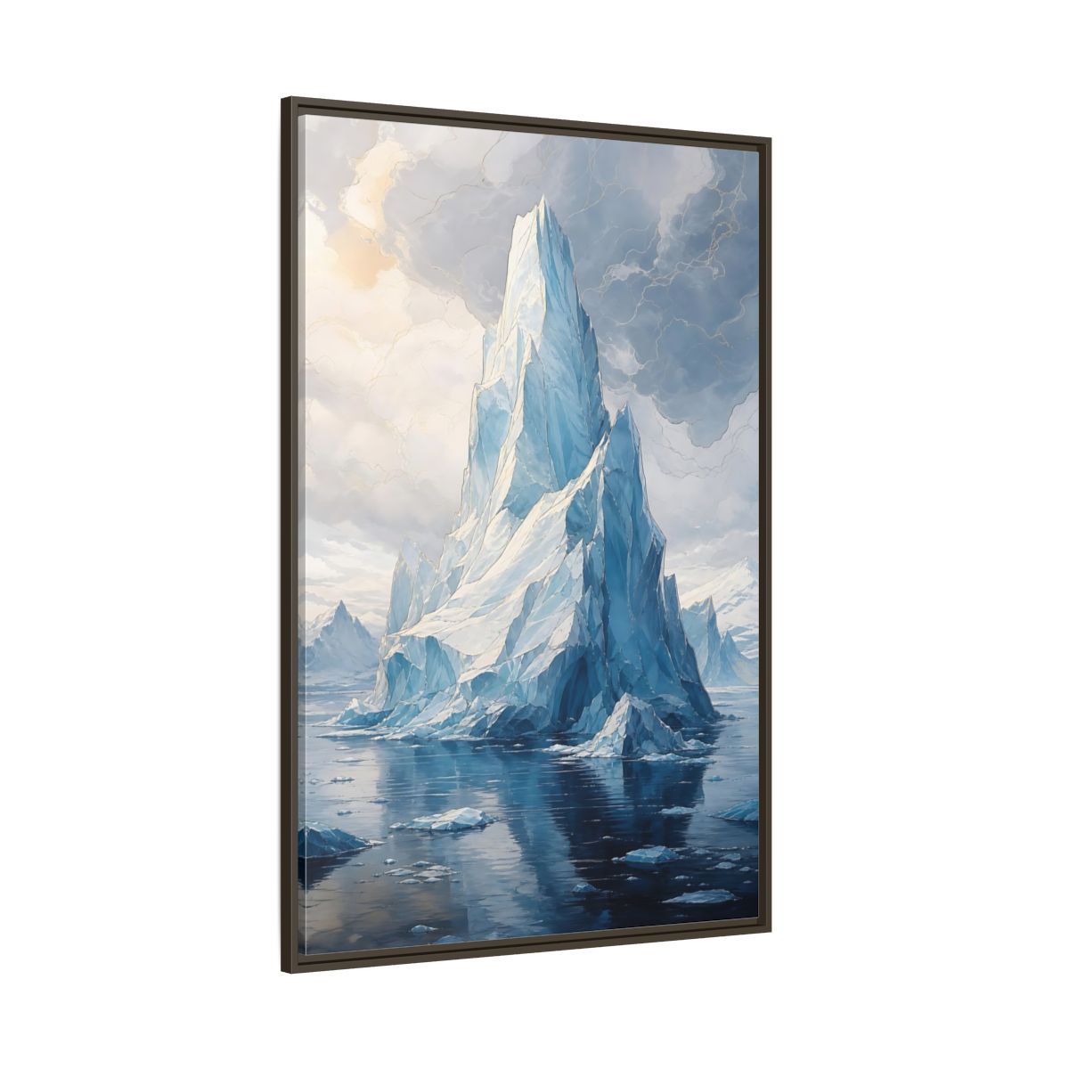 Side Mockup 8. Nature Iceberg Blue And Gold Iceberg shown as stretched canvas wall art