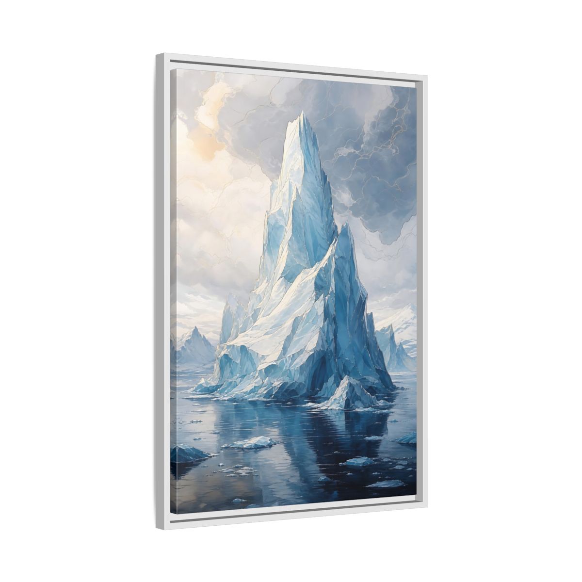Side Mockup 10. Nature Iceberg Blue And Gold Iceberg shown as stretched canvas wall art
