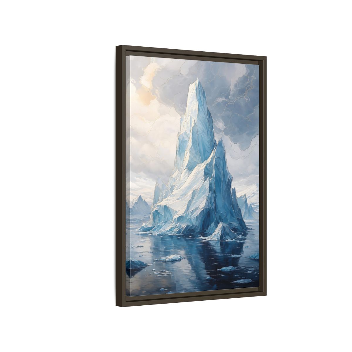 Side Mockup 2. Nature Iceberg Blue And Gold Iceberg shown as stretched canvas wall art