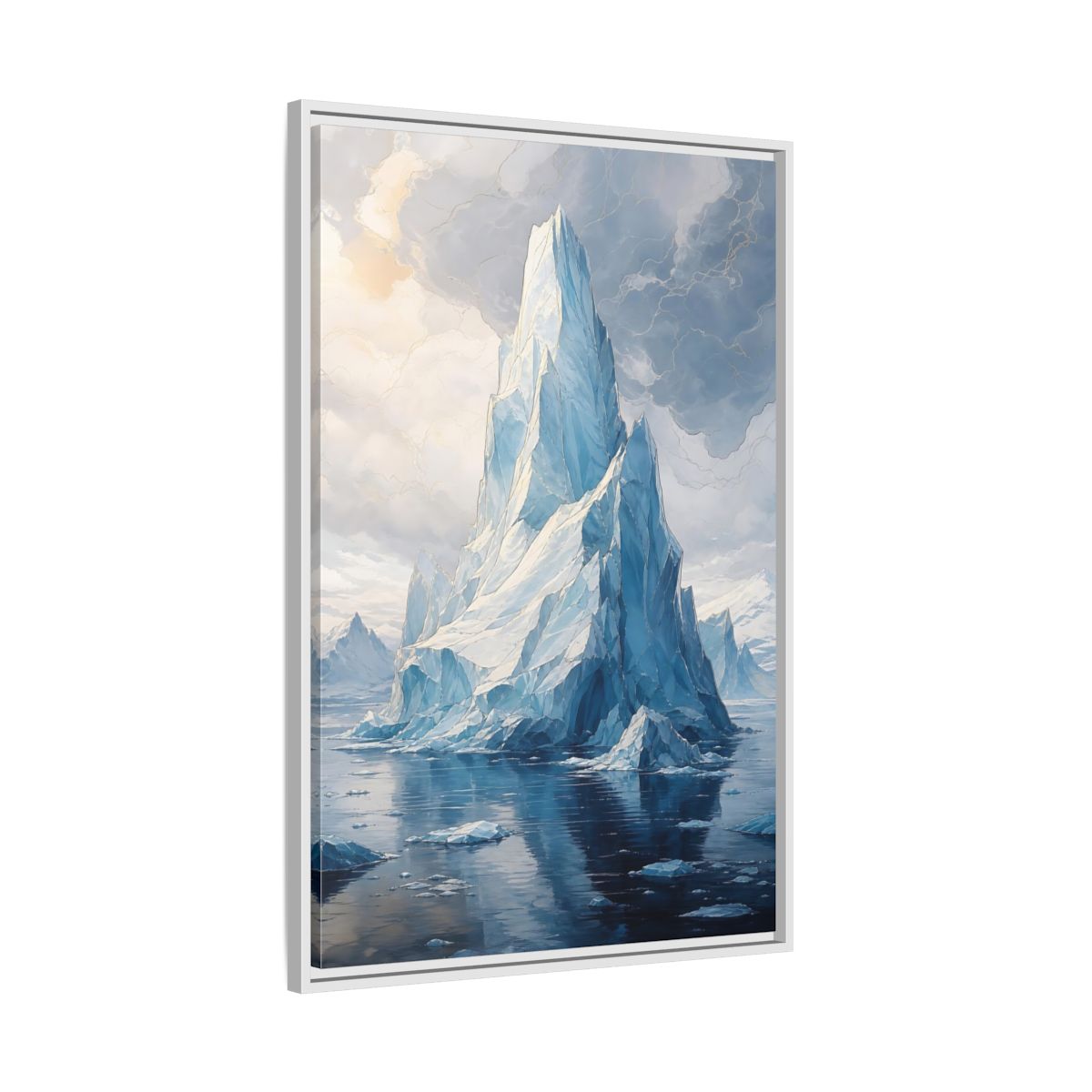 Side Mockup 9. Nature Iceberg Blue And Gold Iceberg shown as stretched canvas wall art