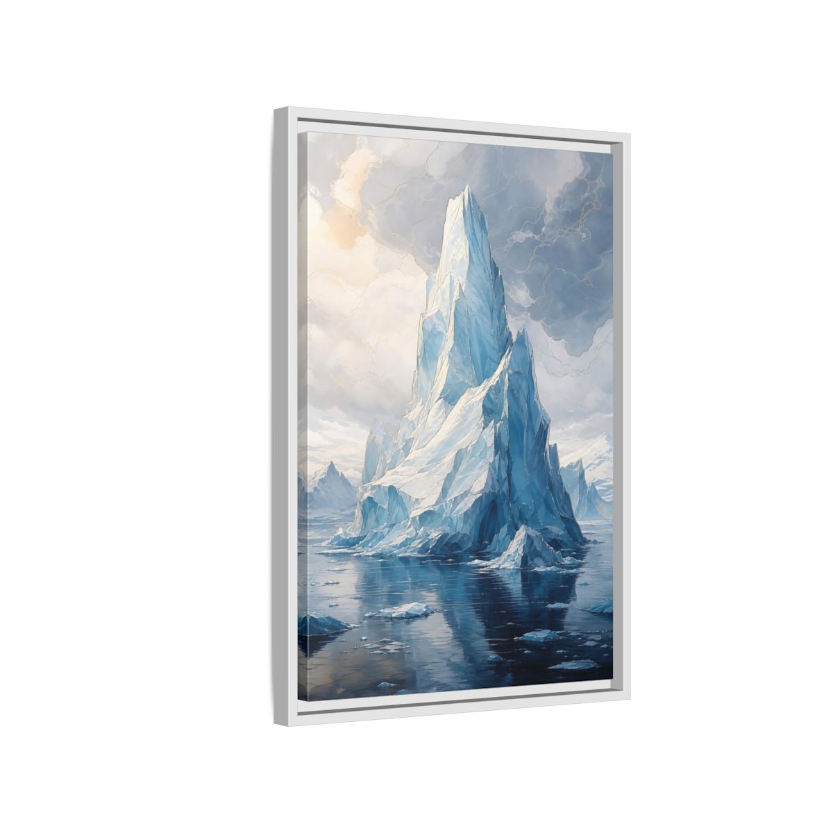 Side Mockup 1. Nature Iceberg Blue And Gold Iceberg shown as stretched canvas wall art