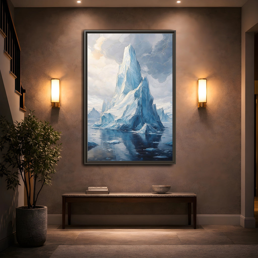 Mockup 2. Nature Iceberg Blue And Gold Iceberg shown as stretched canvas wall art