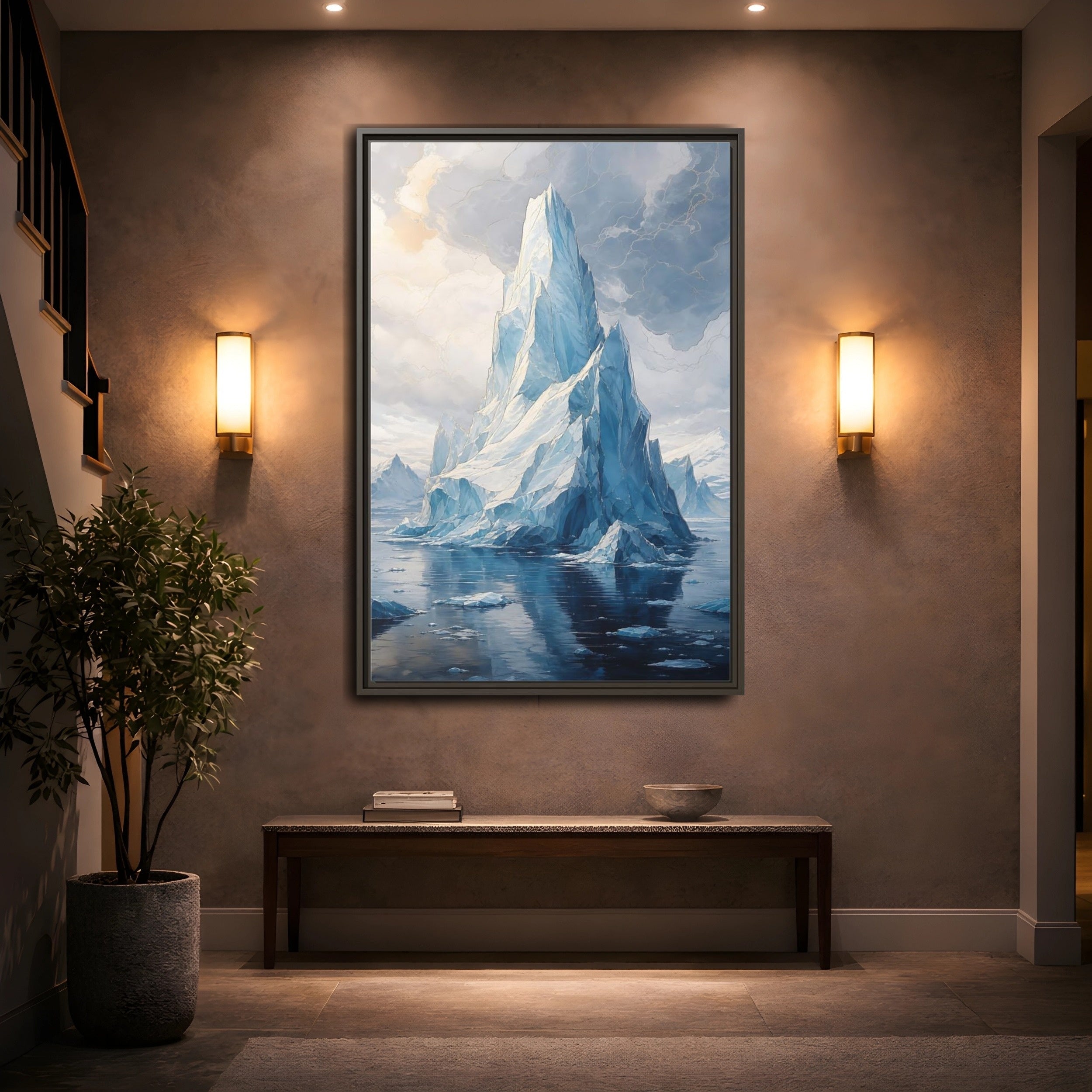 Mockup 2. Nature Iceberg Blue And Gold Iceberg shown as stretched canvas wall art