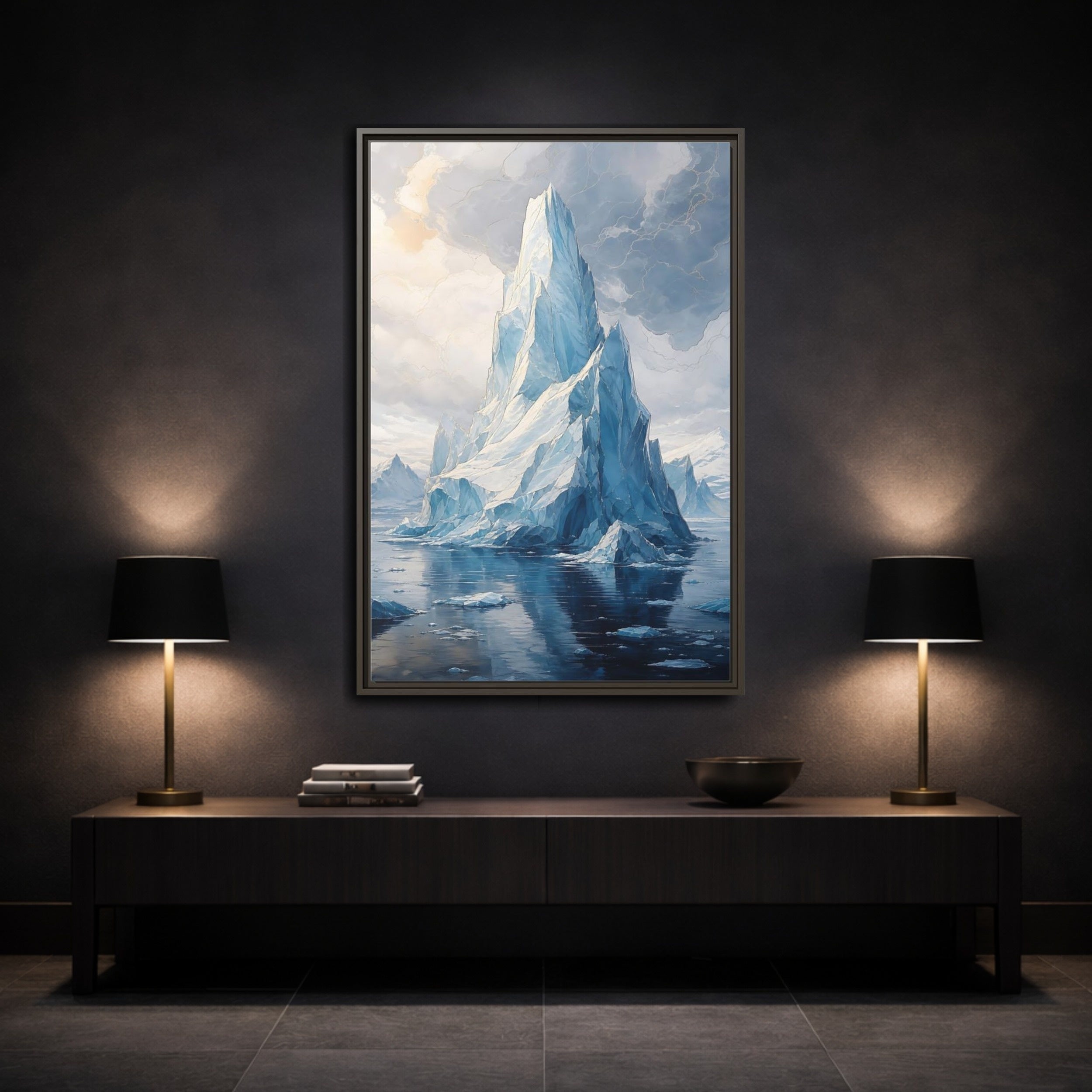 Mockup 3. Nature Iceberg Blue And Gold Iceberg shown as stretched canvas wall art