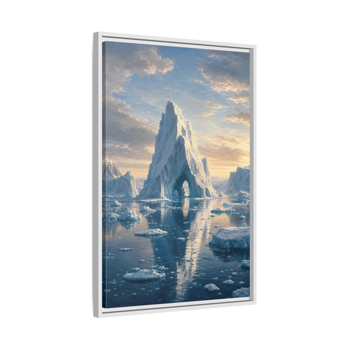 Nature Iceberg Blue and White Arctic Framed Canvas Wall Art - Realistic Living Room, Above Couch shown as canvas wall art