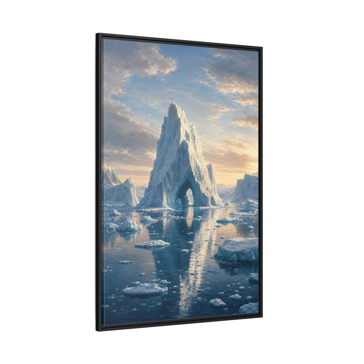 Nature Iceberg Blue and White Arctic Framed Canvas Wall Art - Realistic Living Room, Above Couch shown as canvas wall art
