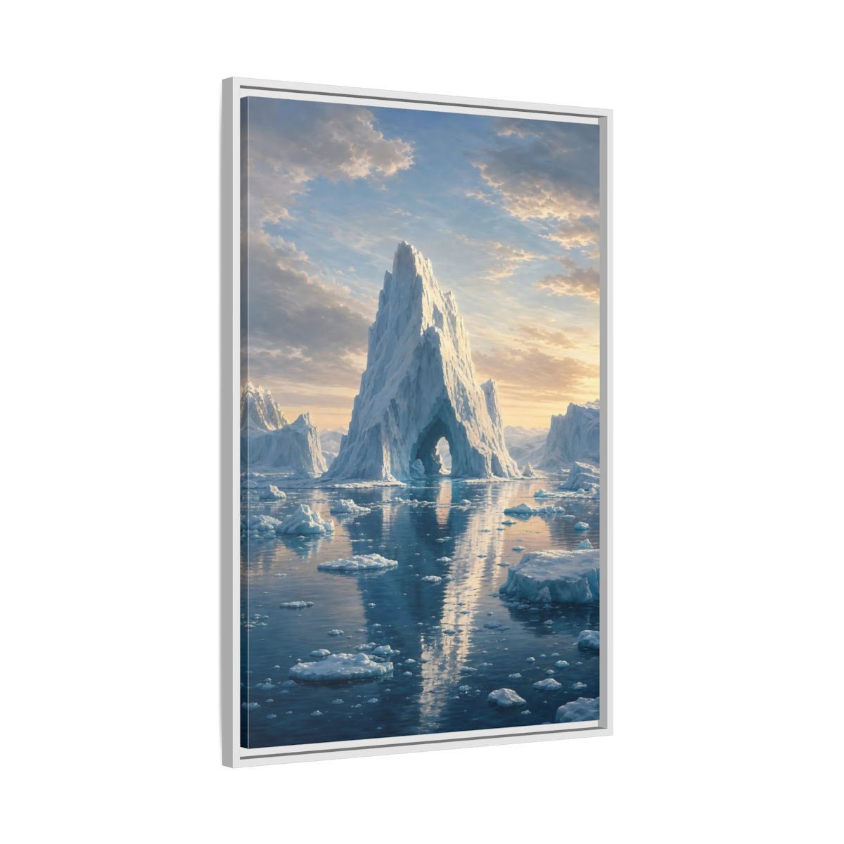Nature Iceberg Blue and White Arctic Framed Canvas Wall Art - Realistic Living Room, Above Couch shown as canvas wall art