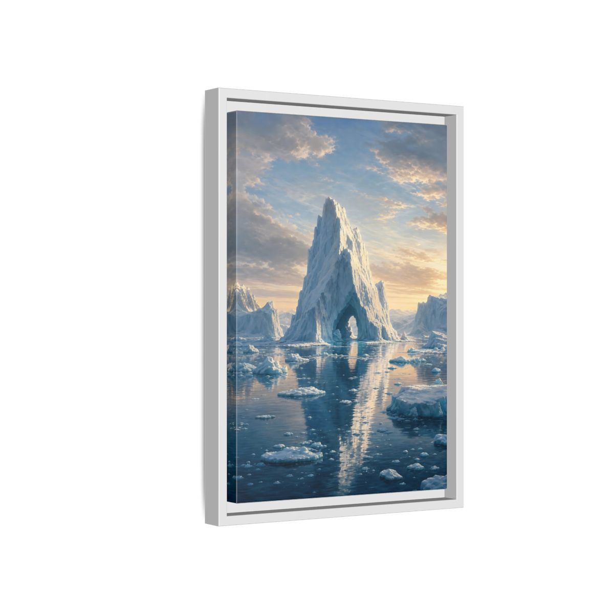 Nature Iceberg Blue and White Arctic Framed Canvas Wall Art - Realistic Living Room, Above Couch shown as canvas wall art