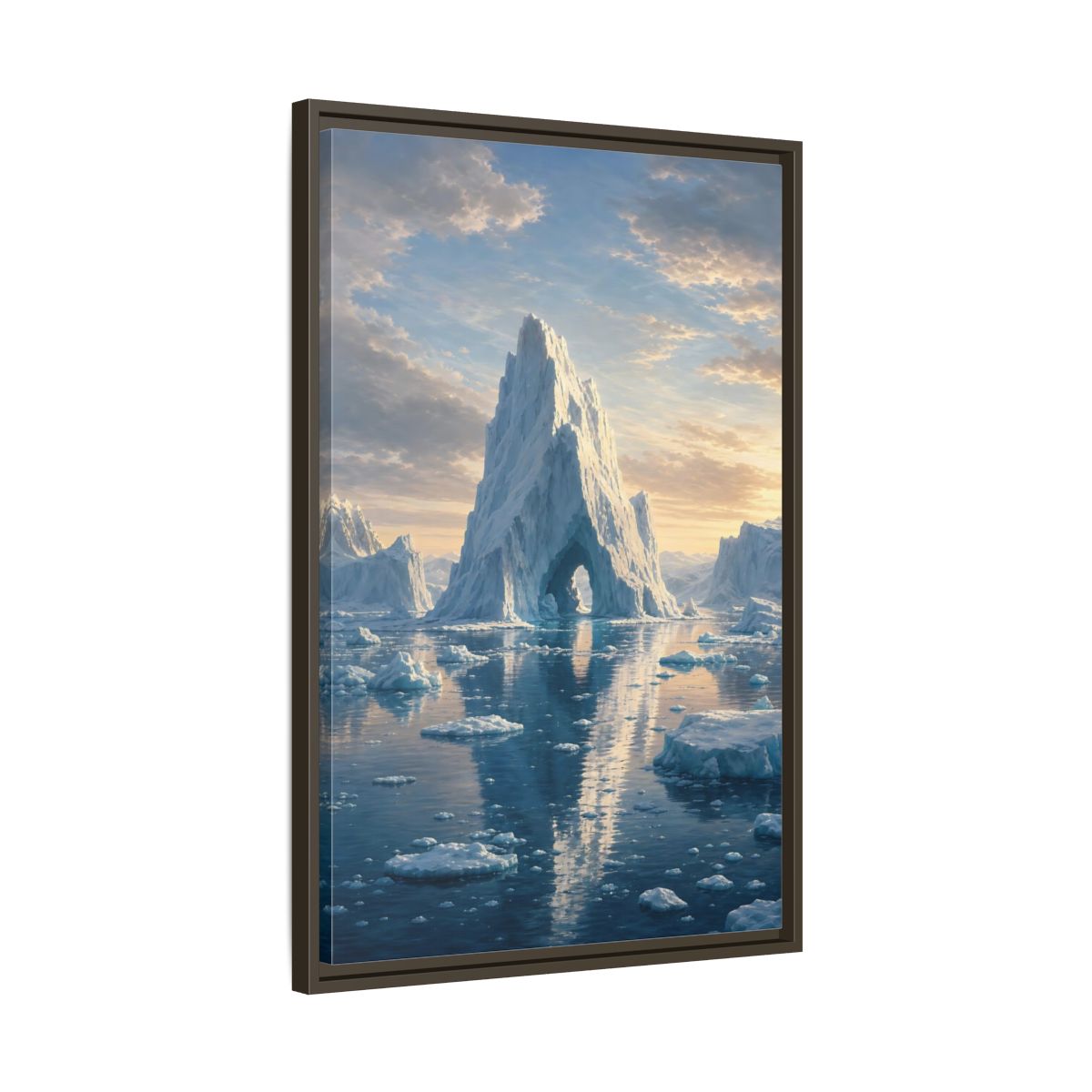 Nature Iceberg Blue and White Arctic Framed Canvas Wall Art - Realistic Living Room, Above Couch shown as canvas wall art