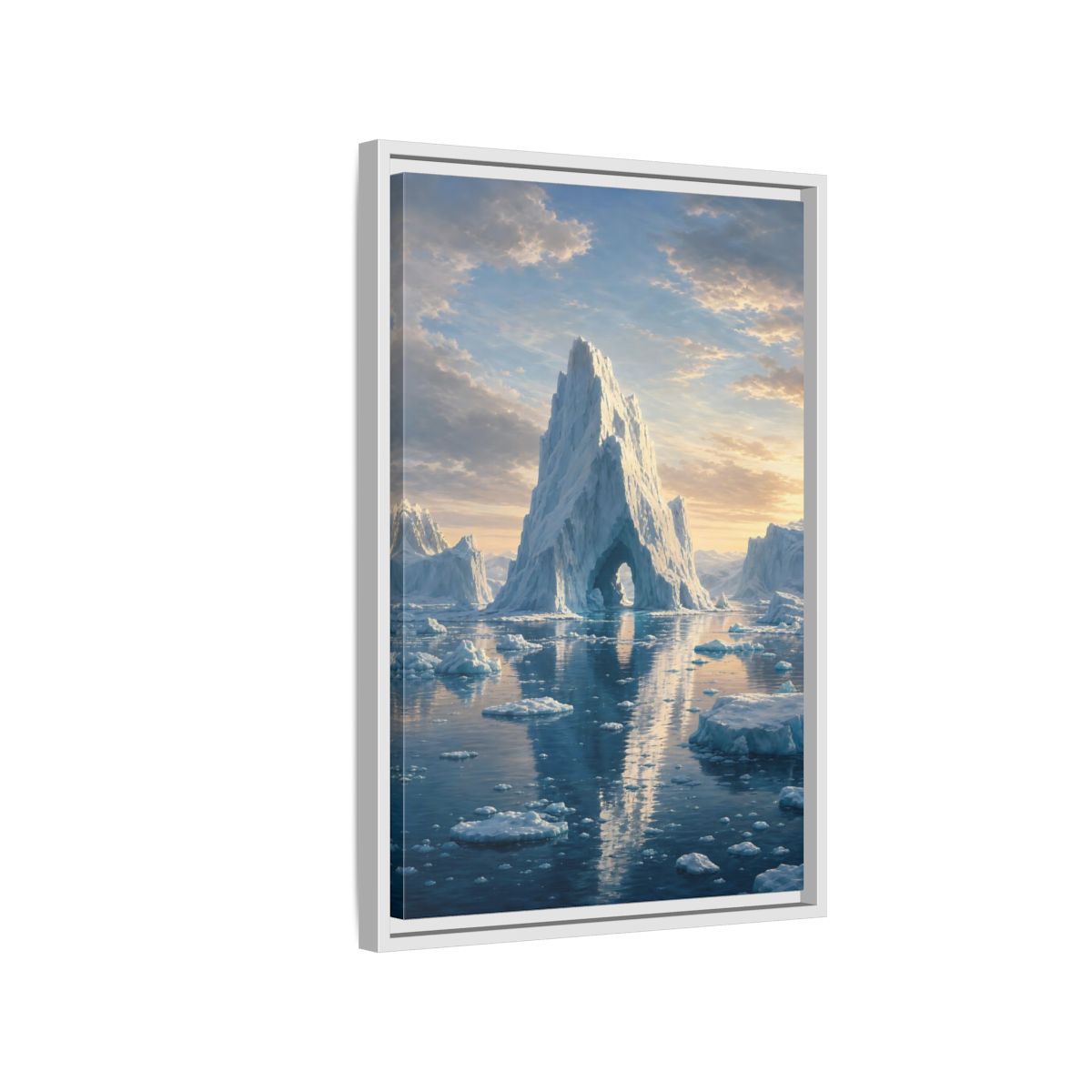 Nature Iceberg Blue and White Arctic Framed Canvas Wall Art - Realistic Living Room, Above Couch shown as canvas wall art