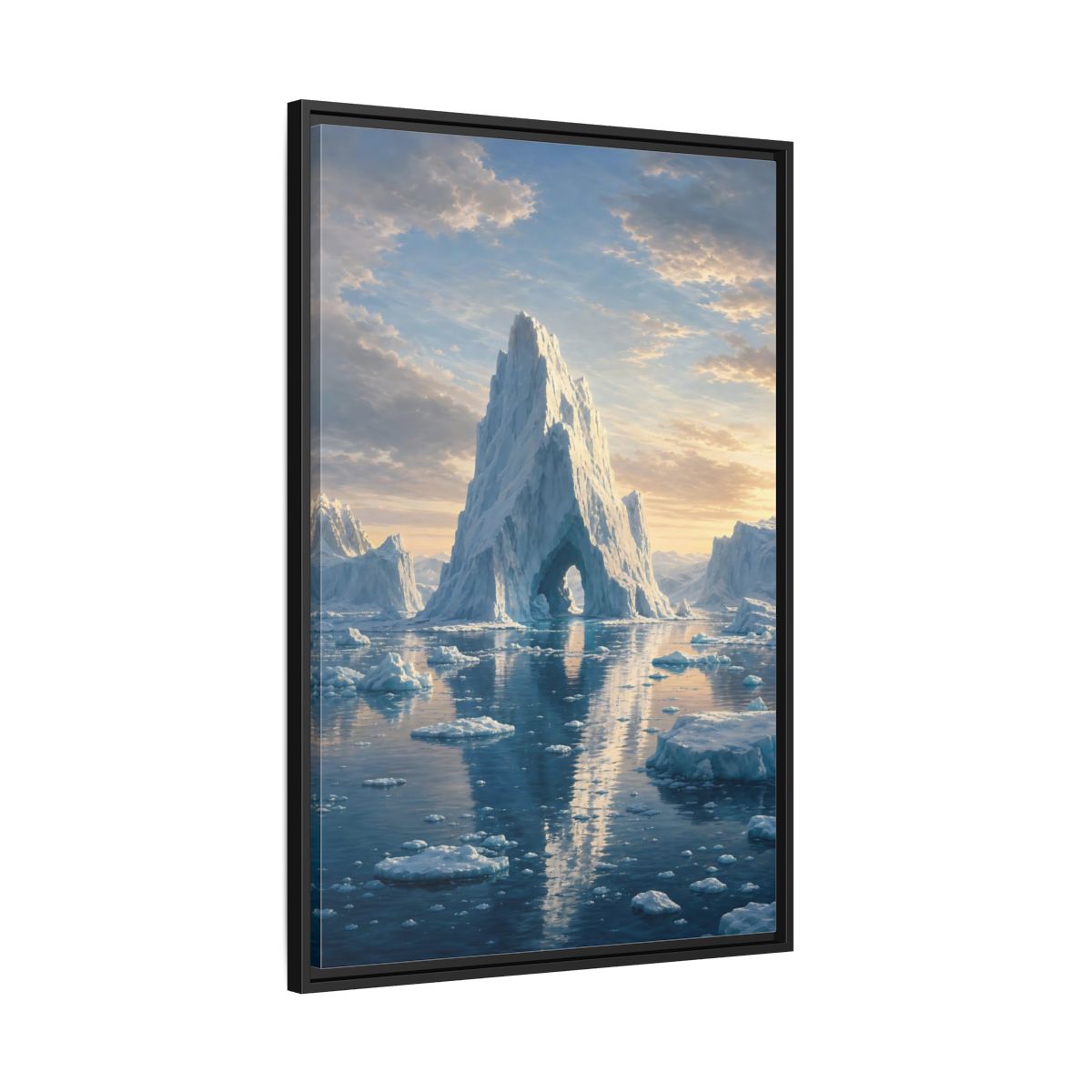 Nature Iceberg Blue and White Arctic Framed Canvas Wall Art - Realistic Living Room, Above Couch shown as canvas wall art