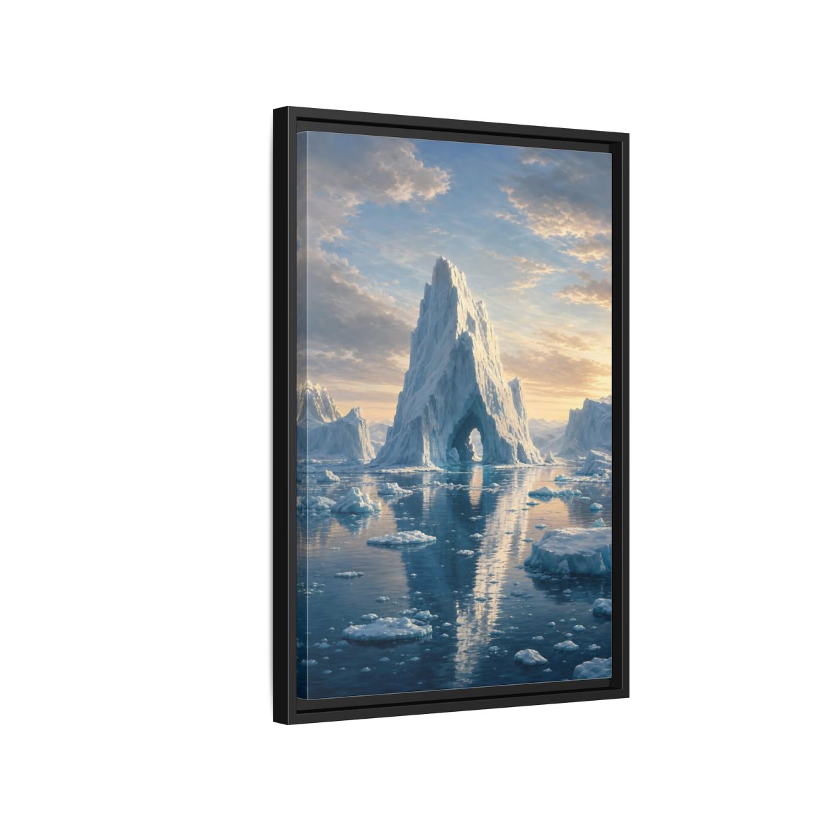 Nature Iceberg Blue and White Arctic Framed Canvas Wall Art - Realistic Living Room, Above Couch shown as canvas wall art