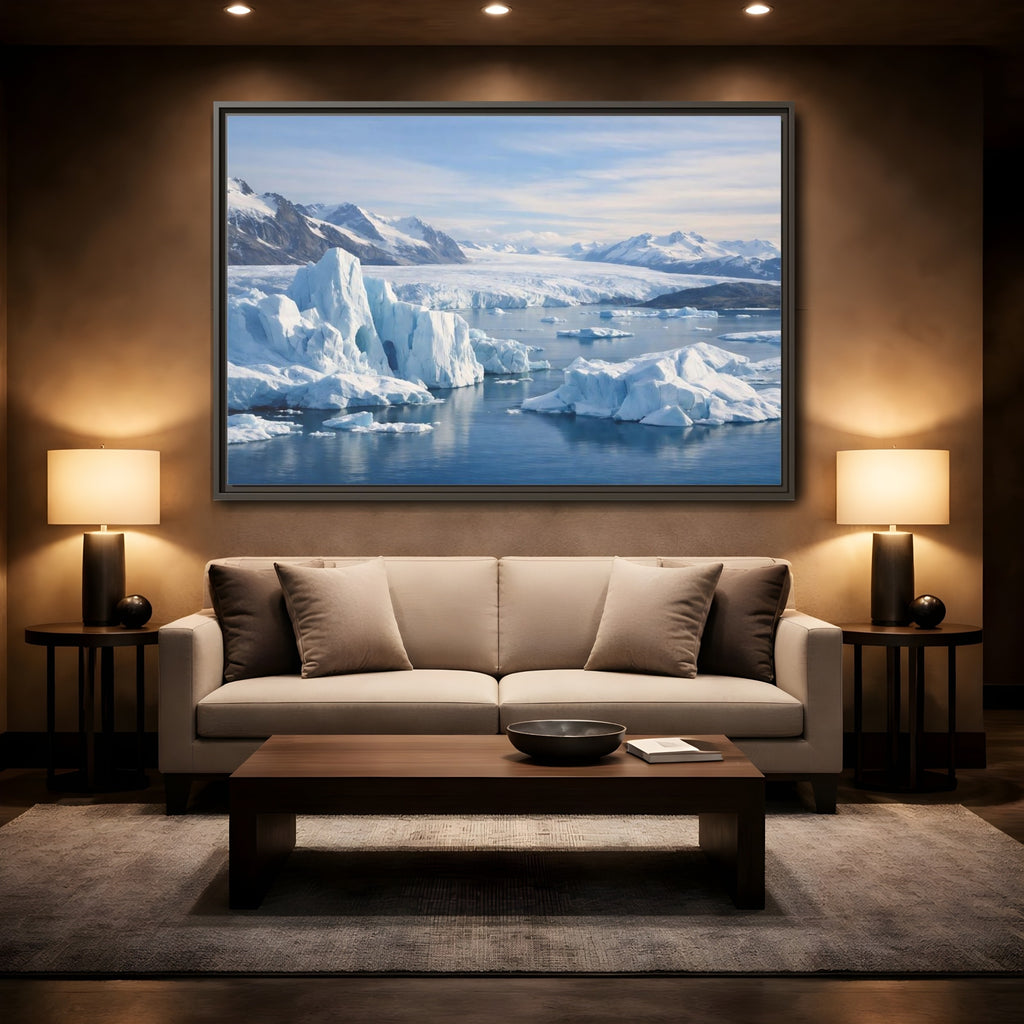 Mockup 2. Nature Iceberg Blue And White Arctic shown as stretched canvas wall art