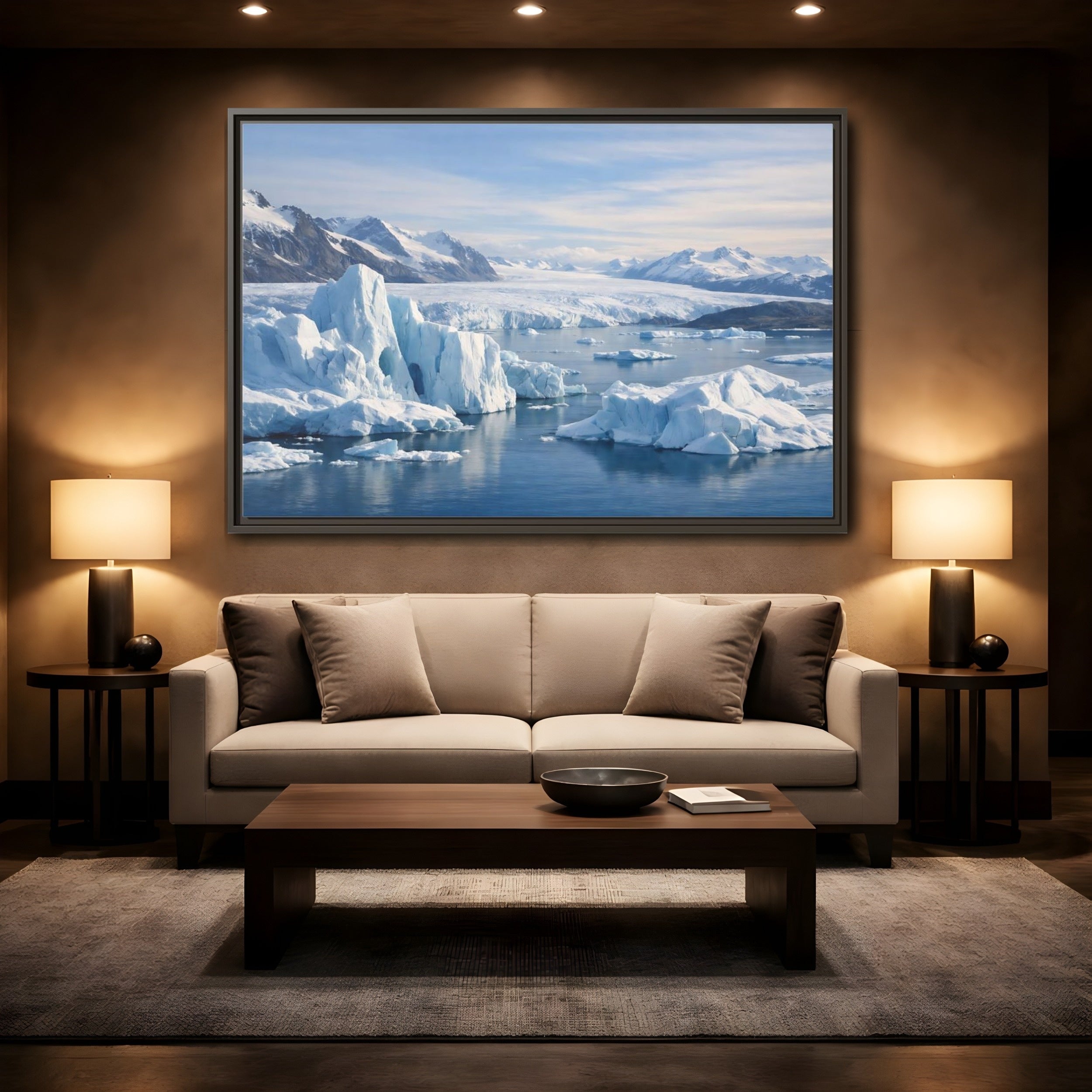 Mockup 2. Nature Iceberg Blue And White Arctic shown as stretched canvas wall art