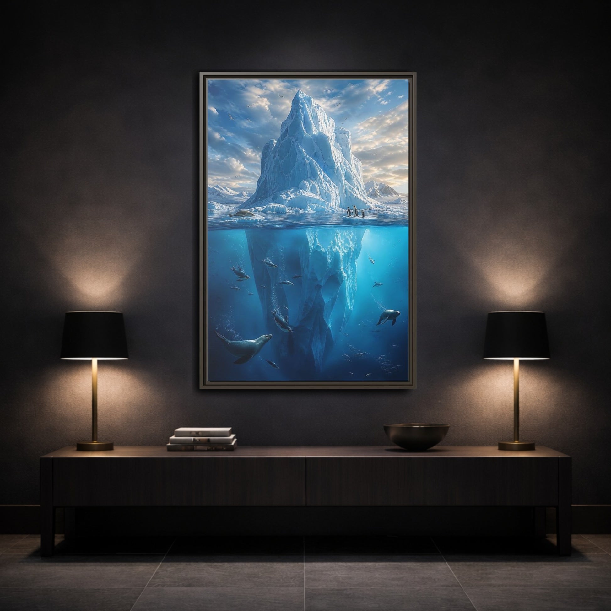 Nature Iceberg Blue Arctic Wildlife Framed Canvas Wall Art - Living Room, Above Console Table shown as canvas wall art