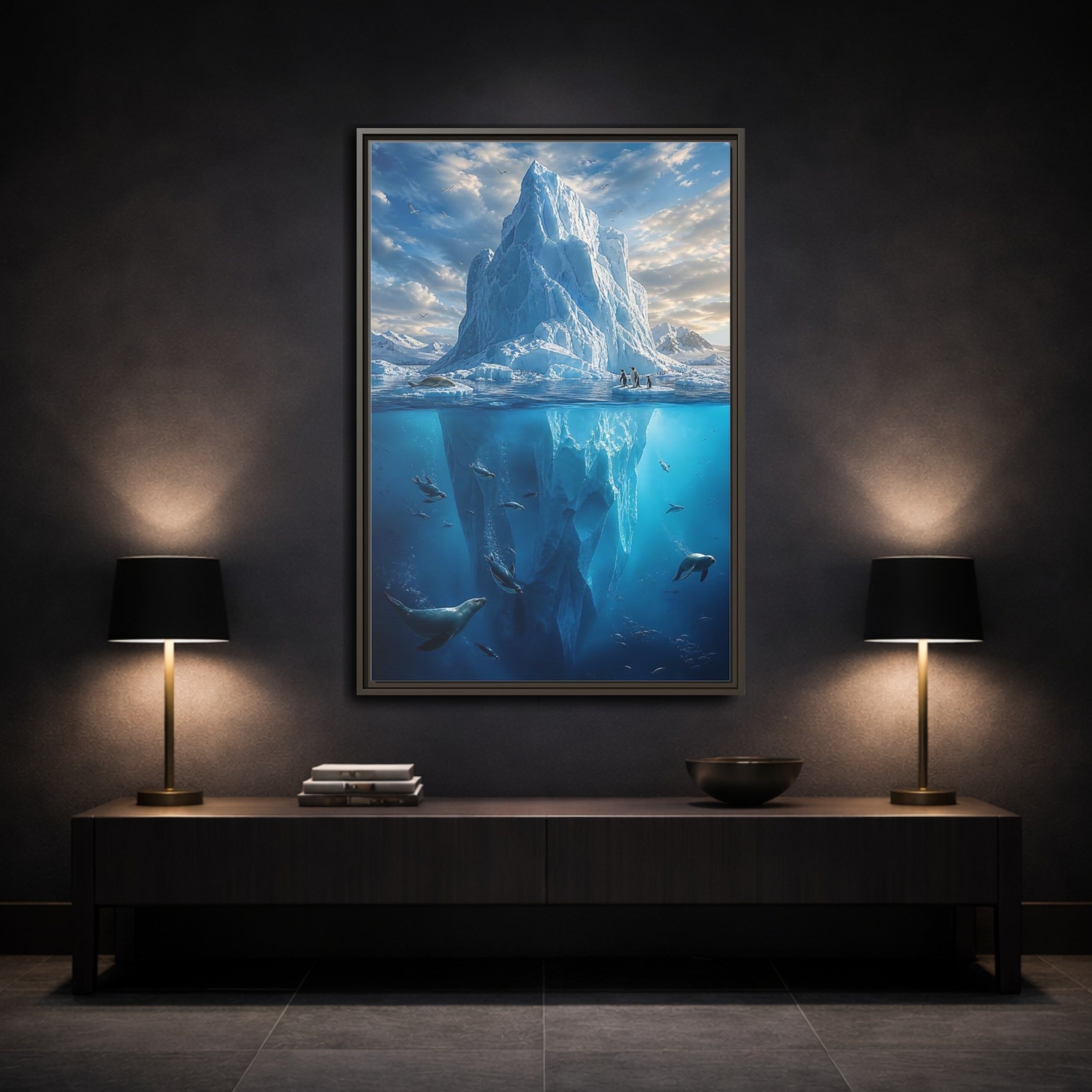 Mockup 3. Nature Iceberg Blue Arctic Wildlife shown as stretched canvas wall art