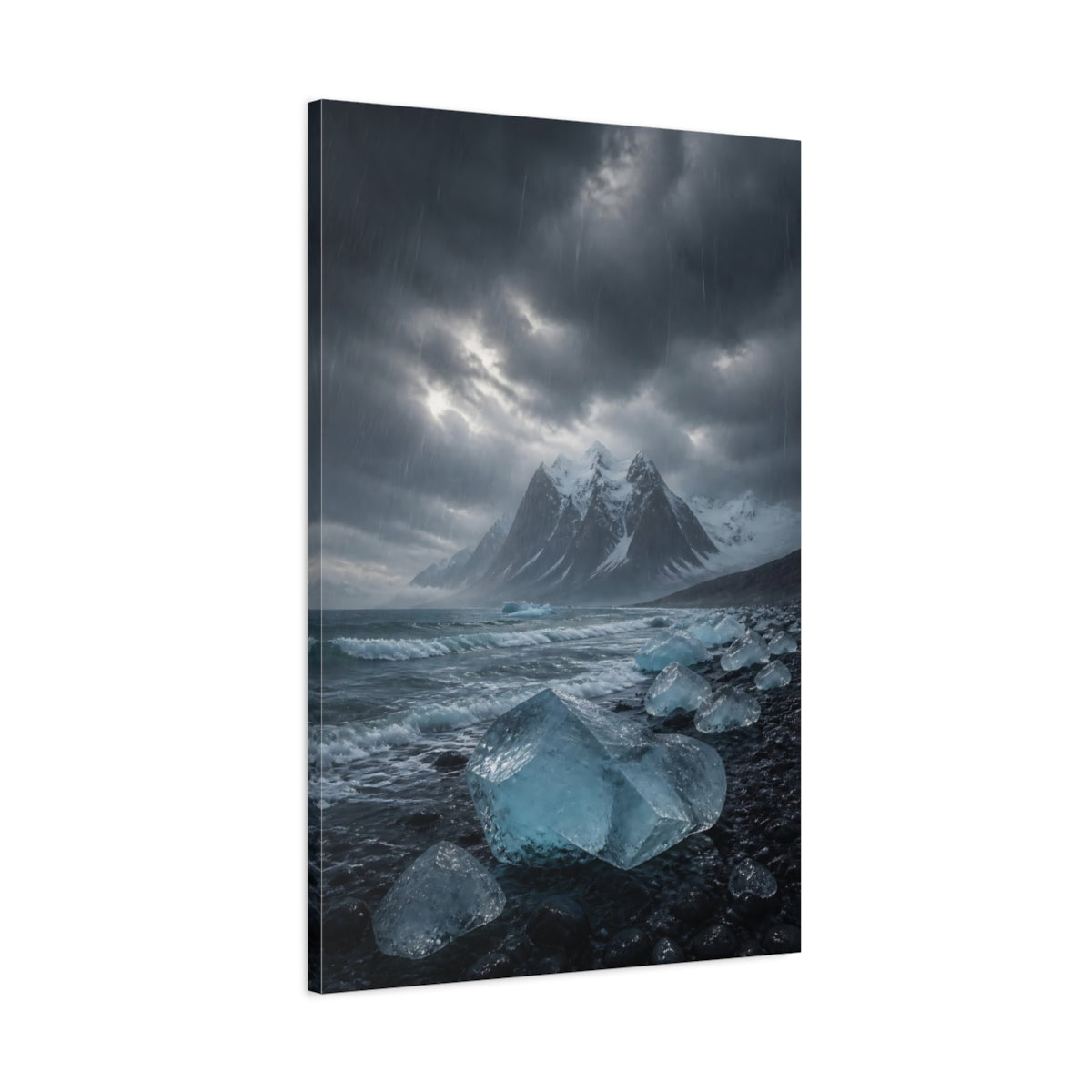 Main Mockup. Nature Icebergs Blue Grey shown as stretched canvas wall art