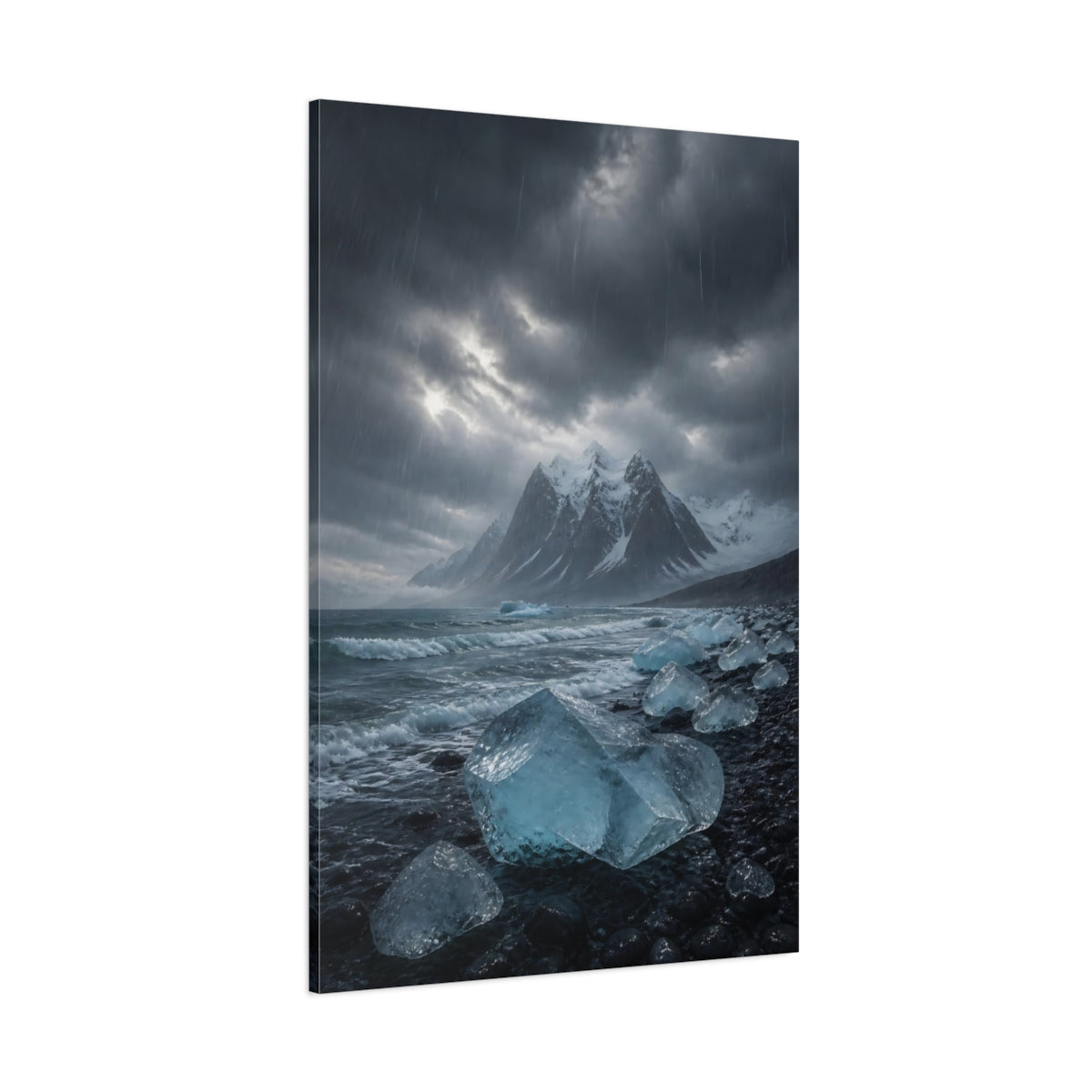Side Mockup 1. Nature Icebergs Blue Grey shown as stretched canvas wall art