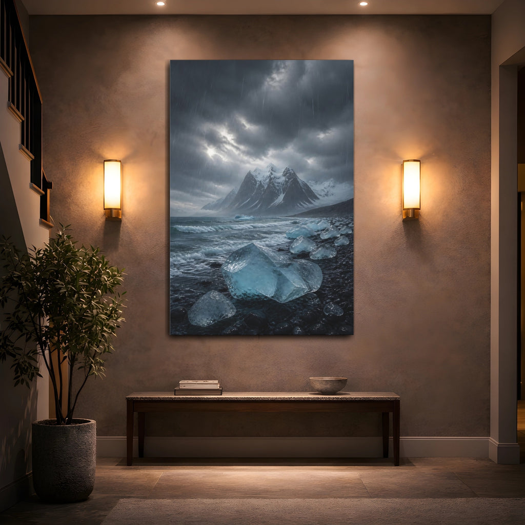 Mockup 2. Nature Icebergs Blue Grey shown as stretched canvas wall art