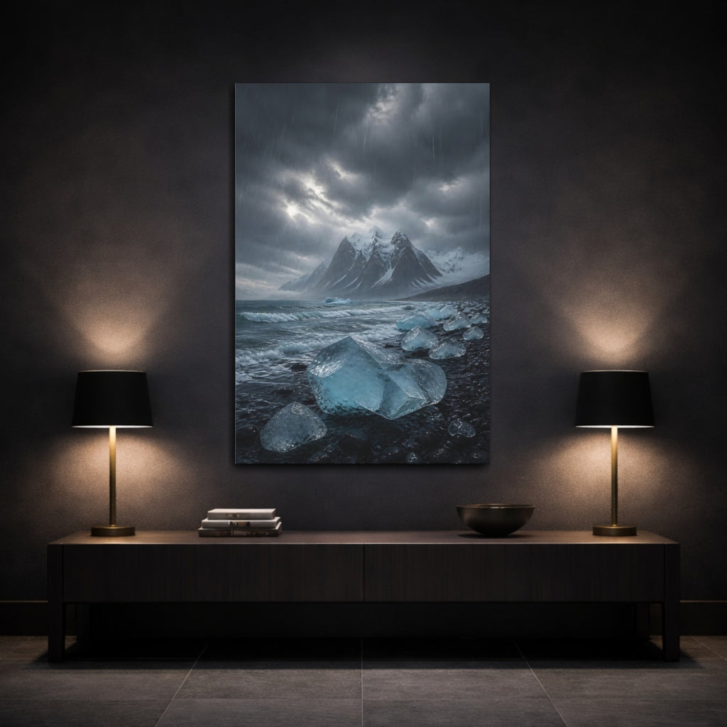 Mockup 3. Nature Icebergs Blue Grey shown as stretched canvas wall art