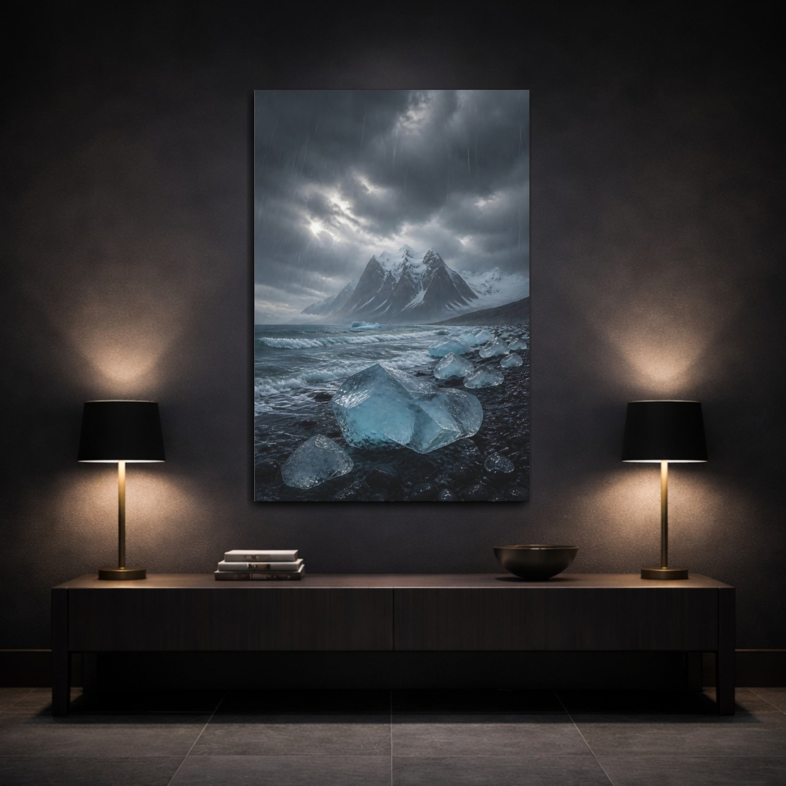 Mockup 3. Nature Icebergs Blue Grey shown as stretched canvas wall art