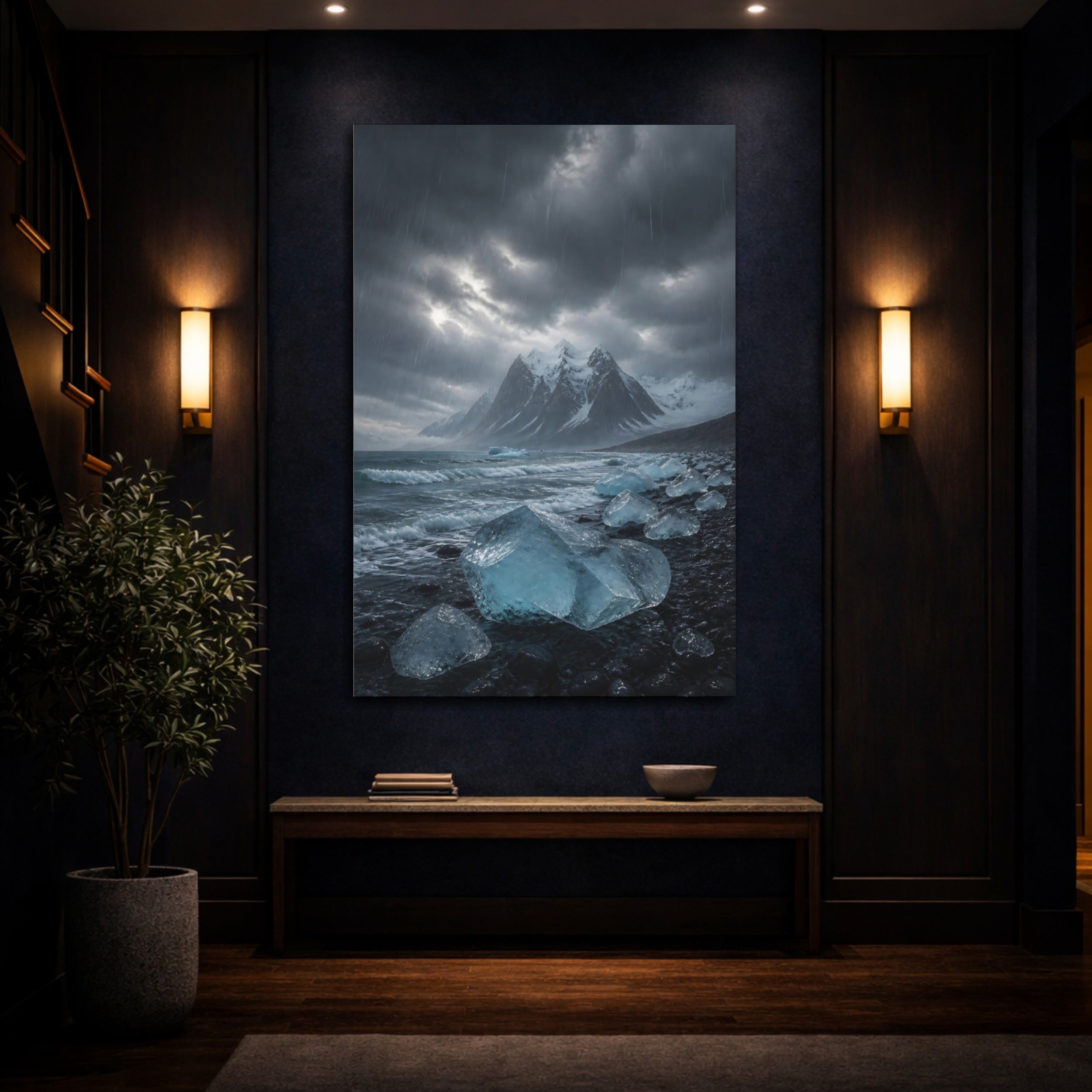 Mockup 4. Nature Icebergs Blue Grey shown as stretched canvas wall art