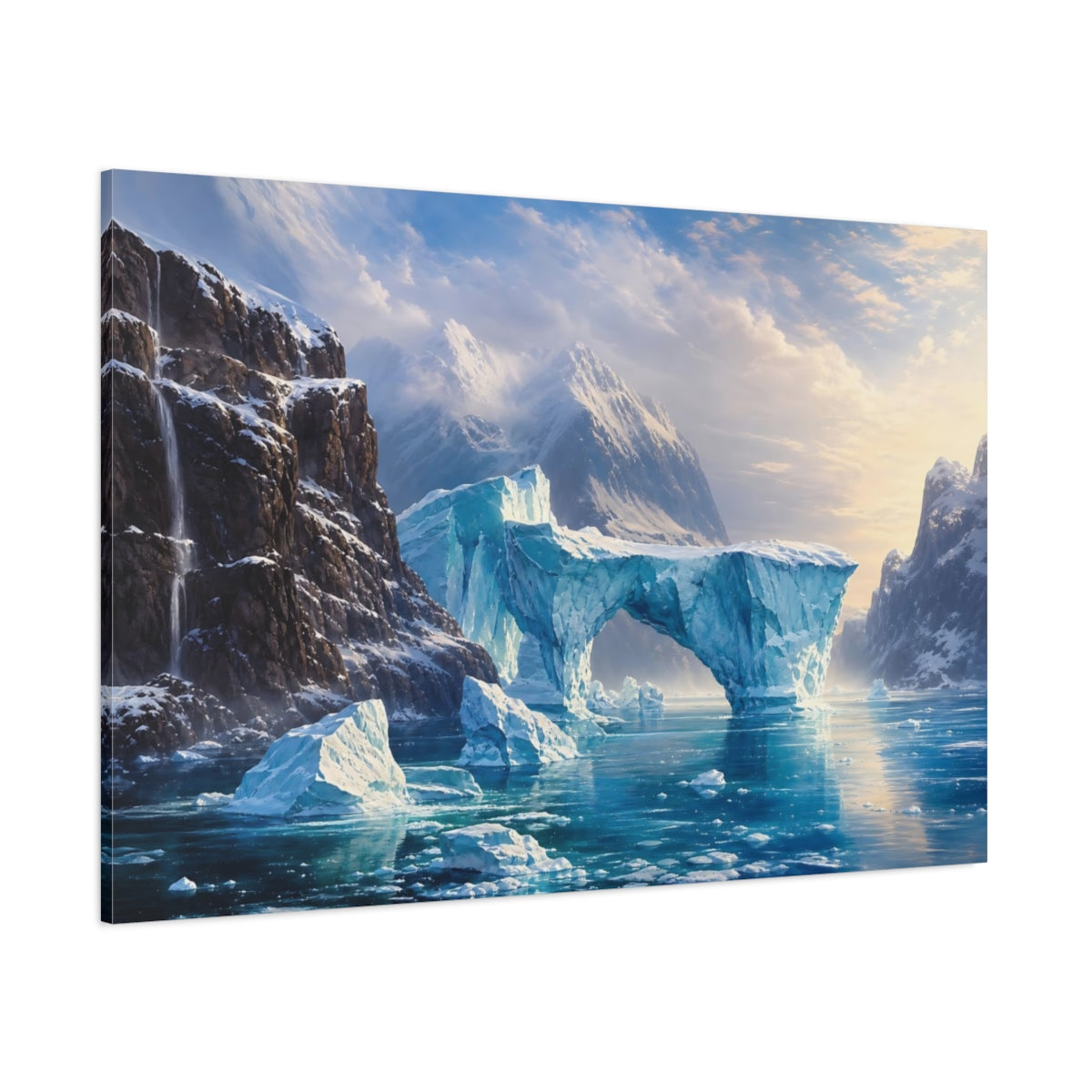 Side Mockup 1. Nature Icebergs Blue Ice Landscape shown as stretched canvas wall art