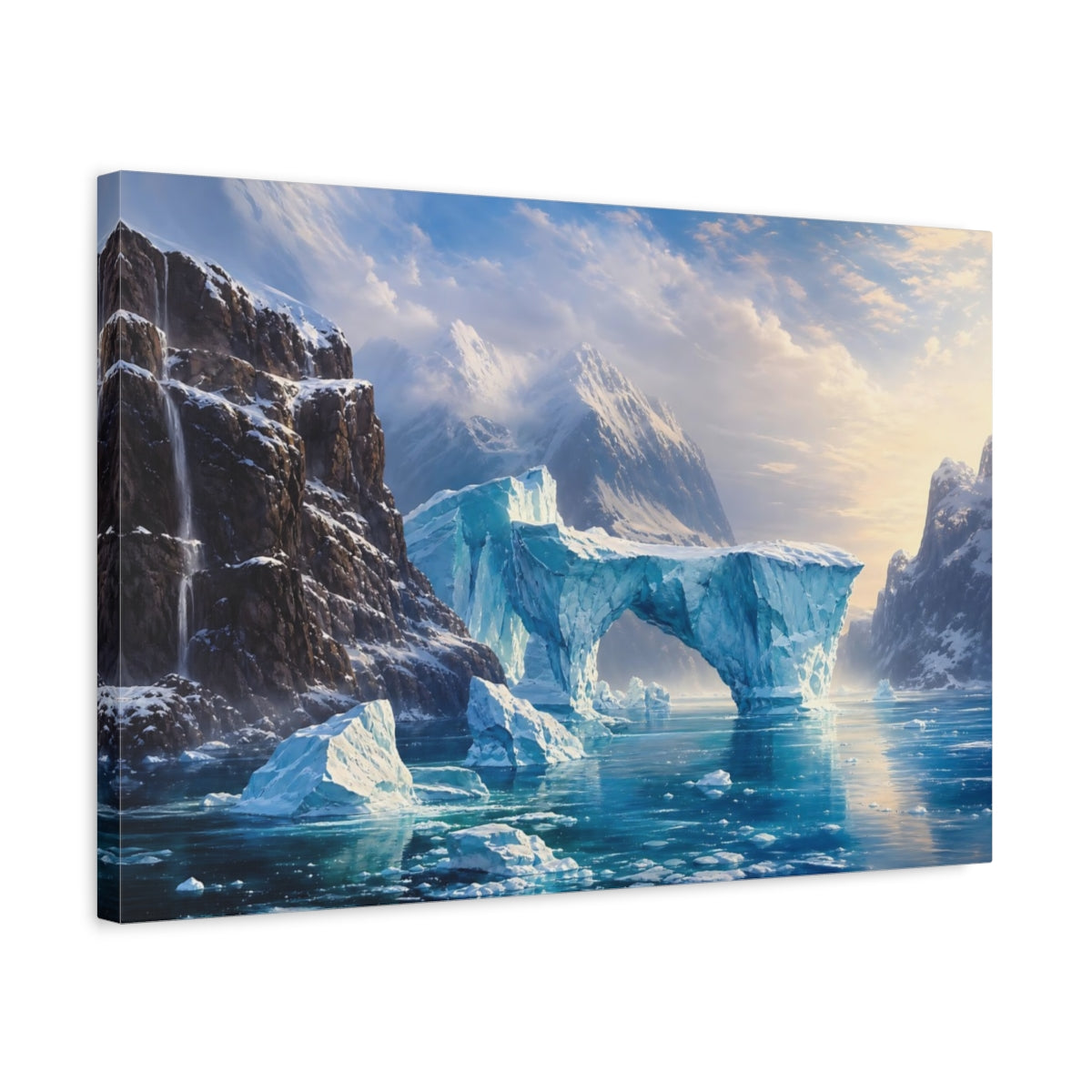 Side Mockup 3. Nature Icebergs Blue Ice Landscape shown as stretched canvas wall art