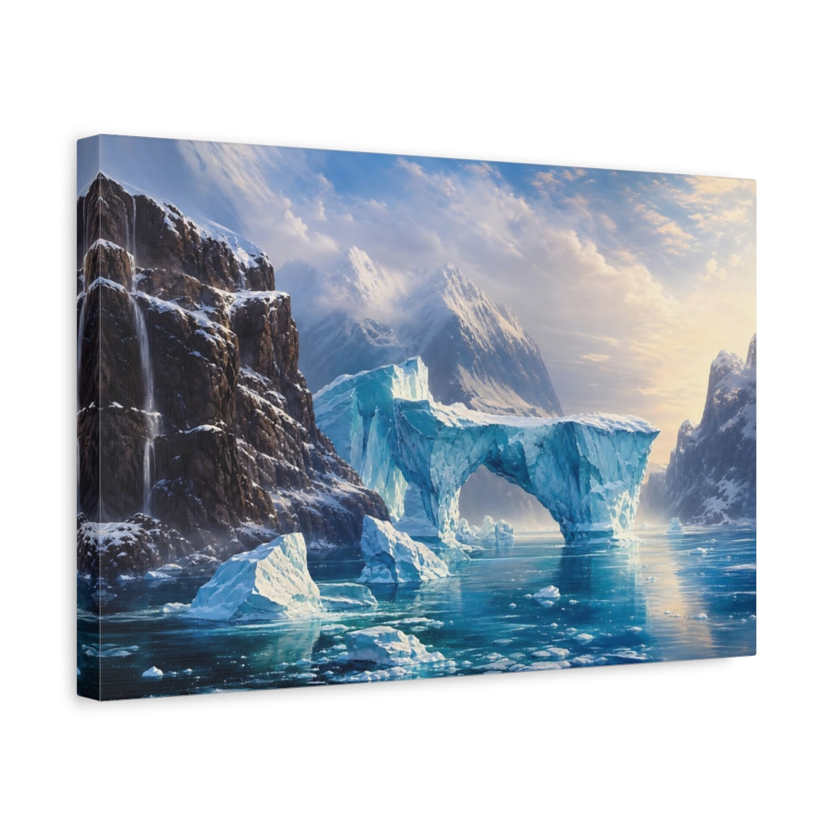 Side Mockup 4. Nature Icebergs Blue Ice Landscape shown as stretched canvas wall art