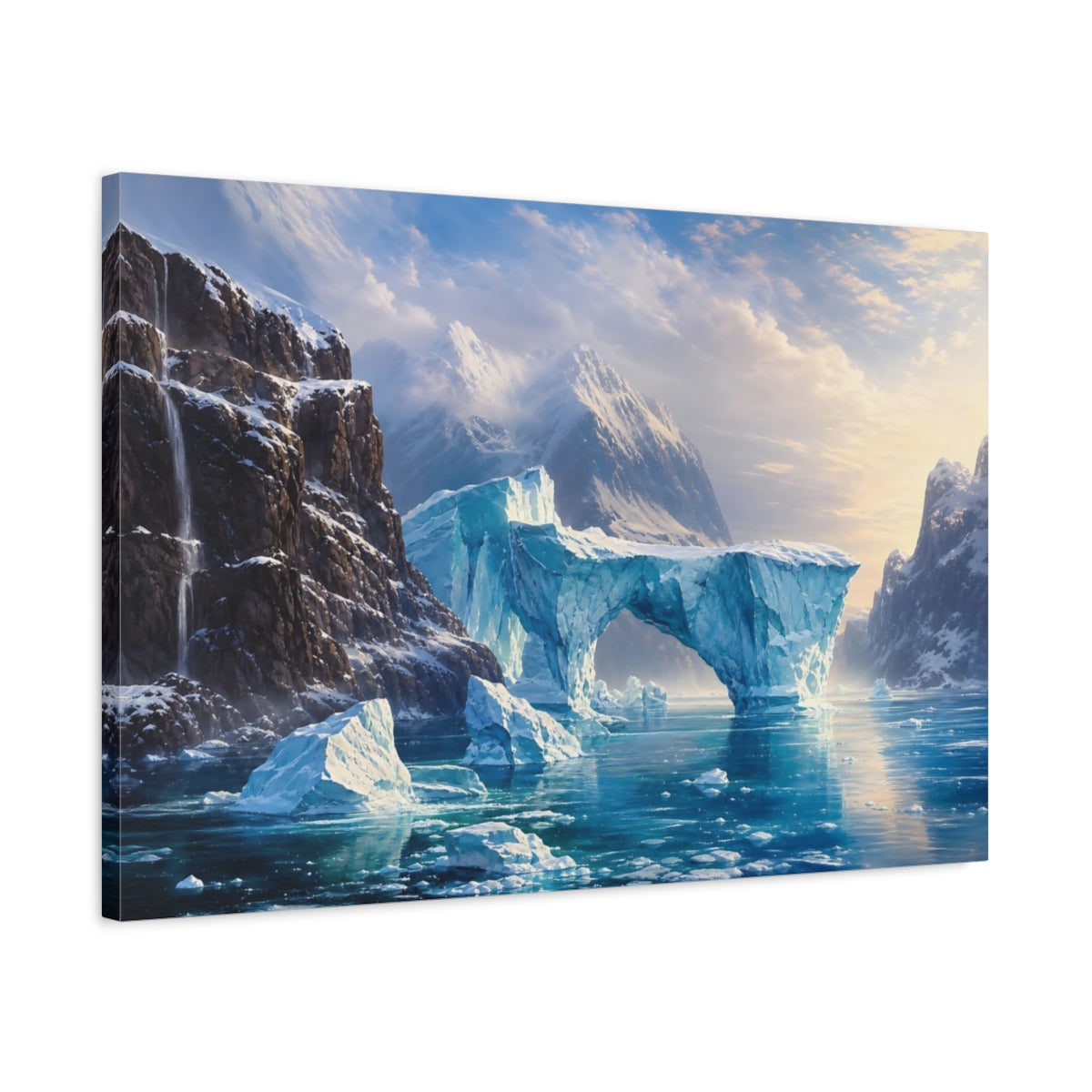 Side Mockup 2. Nature Icebergs Blue Ice Landscape shown as stretched canvas wall art