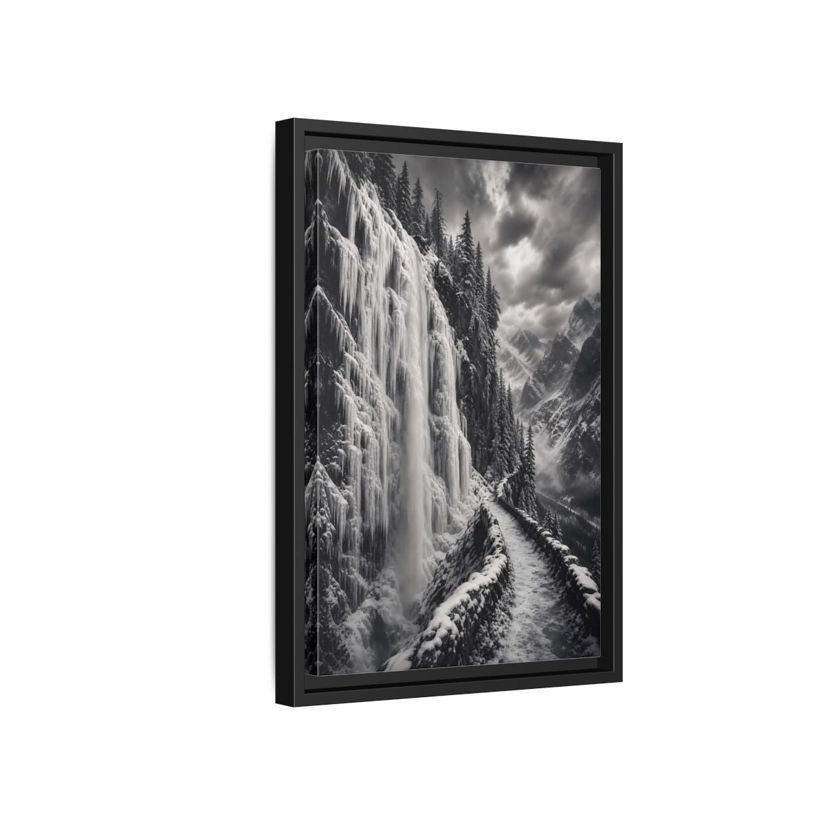 Side Mockup 6. Nature Icy Waterfall Black And White Winter shown as stretched canvas wall art