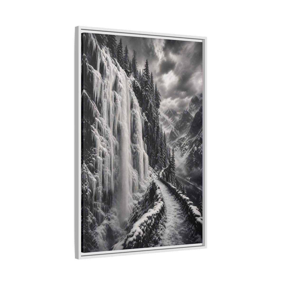 Side Mockup 9. Nature Icy Waterfall Black And White Winter shown as stretched canvas wall art
