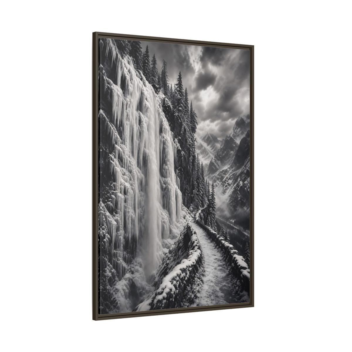 Side Mockup 8. Nature Icy Waterfall Black And White Winter shown as stretched canvas wall art