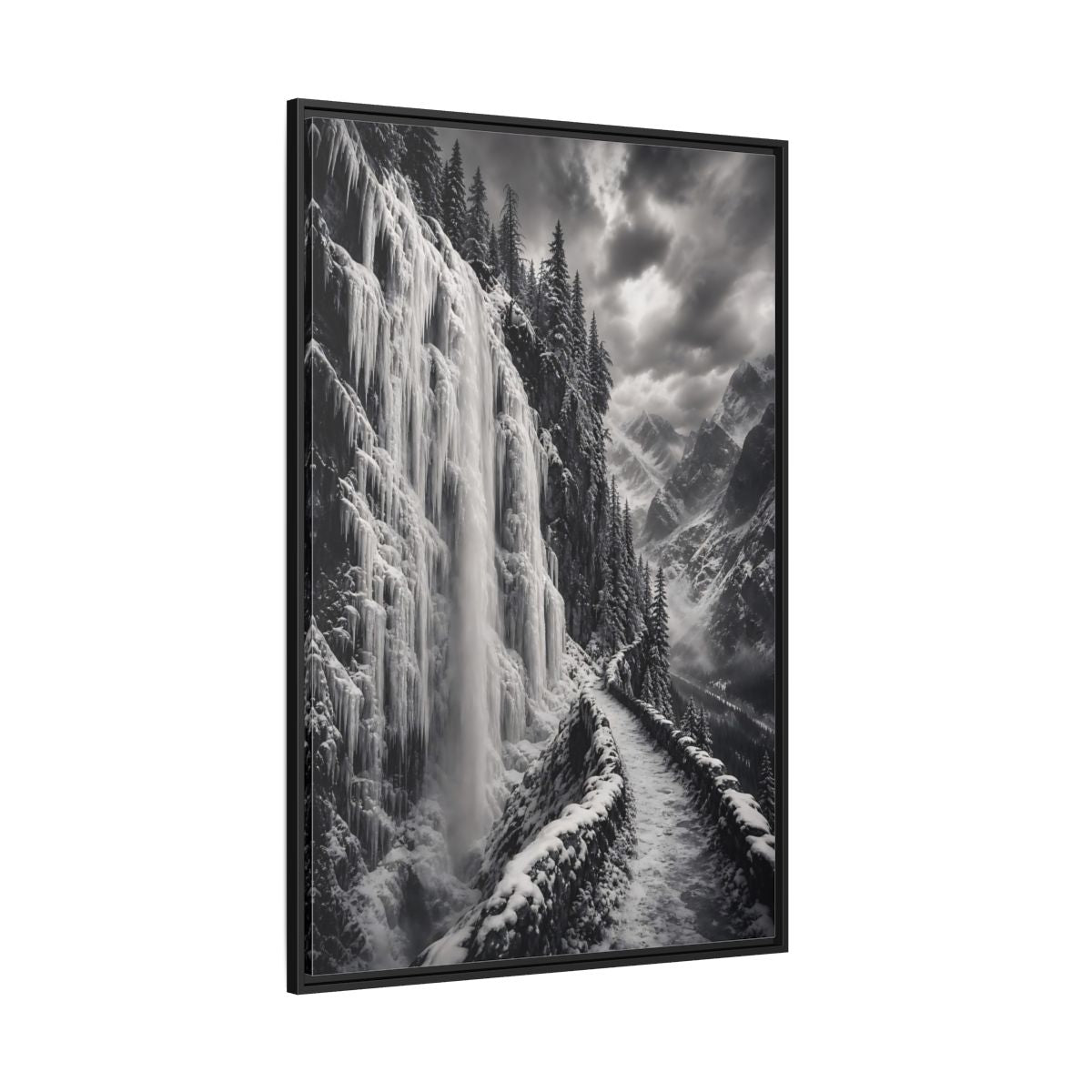 Side Mockup 12. Nature Icy Waterfall Black And White Winter shown as stretched canvas wall art