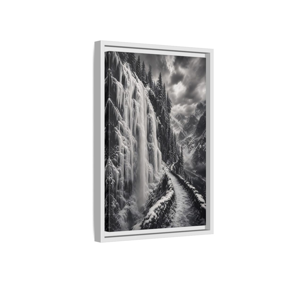 Side Mockup 4. Nature Icy Waterfall Black And White Winter shown as stretched canvas wall art