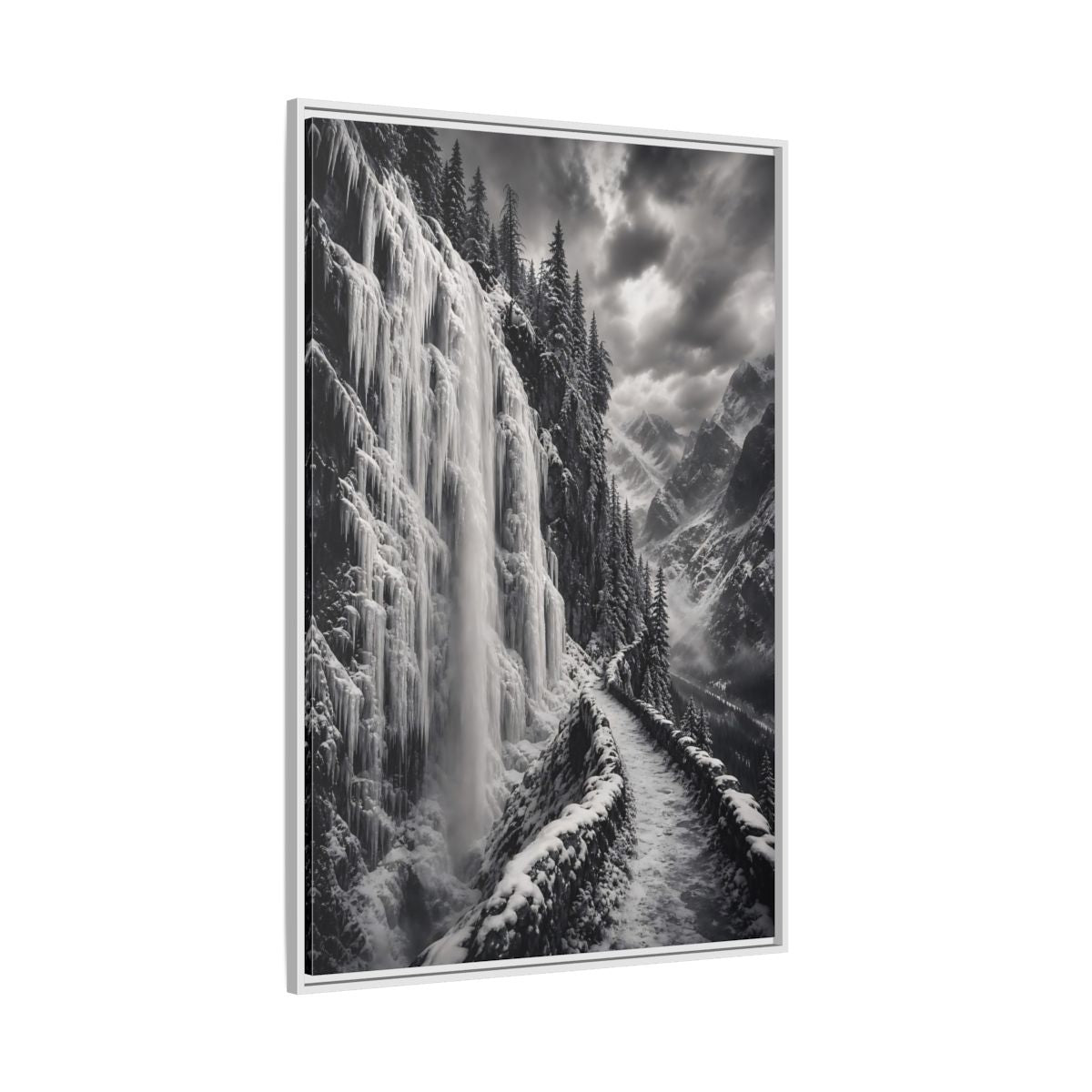 Side Mockup 7. Nature Icy Waterfall Black And White Winter shown as stretched canvas wall art