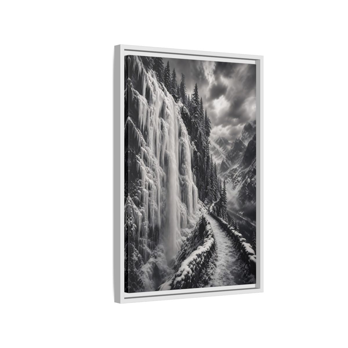 Side Mockup 1. Nature Icy Waterfall Black And White Winter shown as stretched canvas wall art