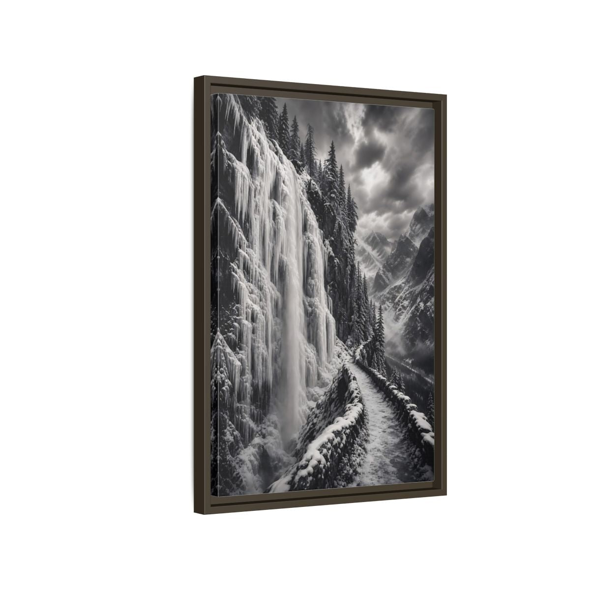 Side Mockup 2. Nature Icy Waterfall Black And White Winter shown as stretched canvas wall art