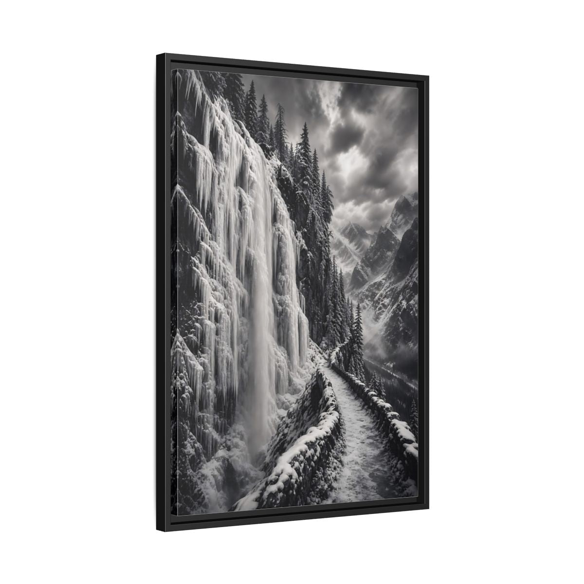Side Mockup 14. Nature Icy Waterfall Black And White Winter shown as stretched canvas wall art