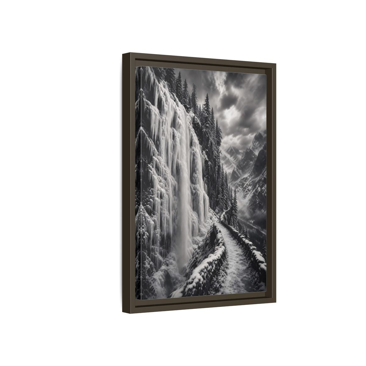 Side Mockup 5. Nature Icy Waterfall Black And White Winter shown as stretched canvas wall art